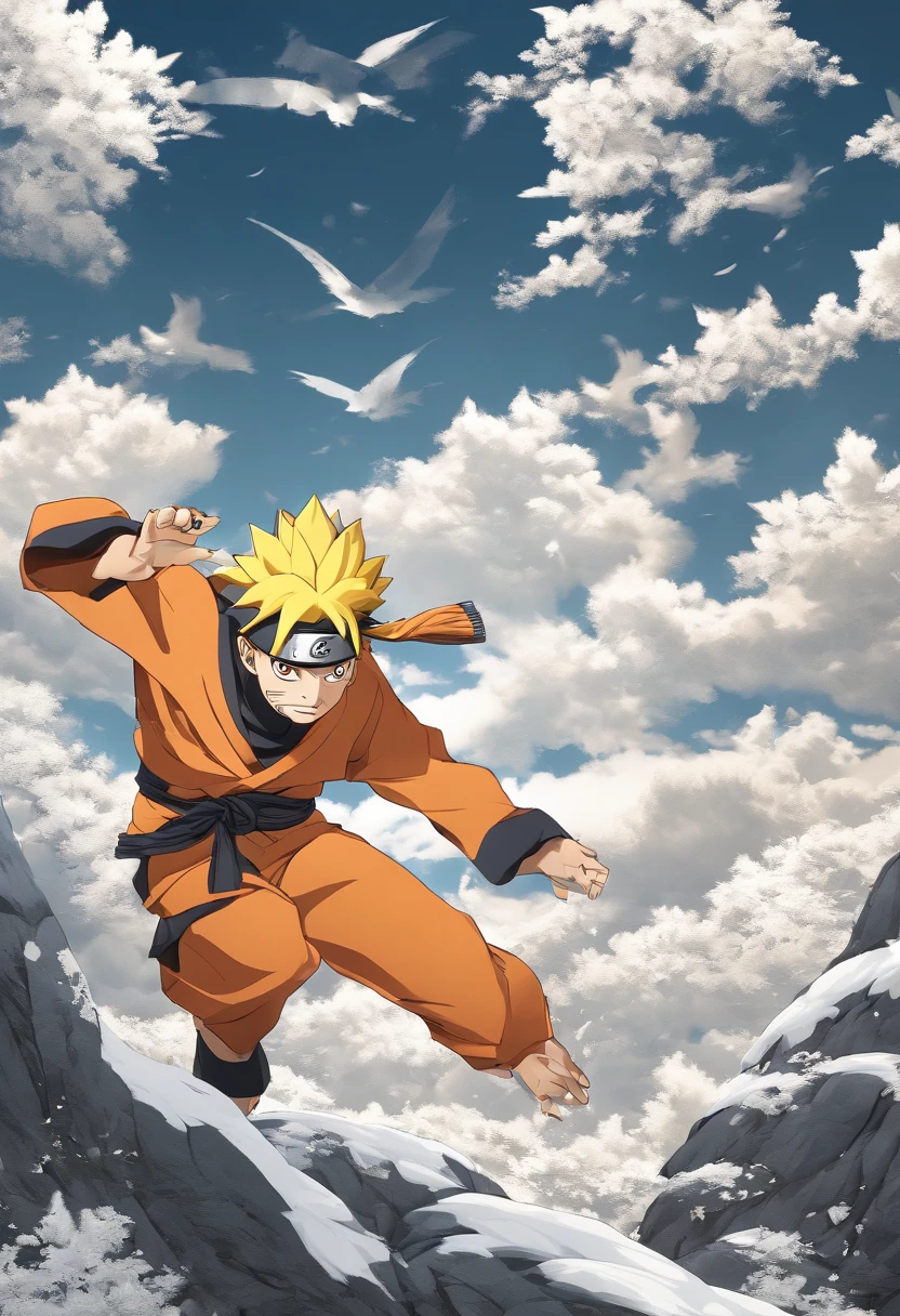 uzumaki naruto, Charismatic and decisive expression, Headband with the Konoha symbol, spiky blonde hair, bright blue eyes, Orange jumpsuit, Energetic pose, Shadow clones in the background, intense battle scene, Dynamic action, Powerful rasengan, Dramatic Lighting, Vivid colors, Detailed background, Rugged mountains. (Best Quality, 4K, hight resolution), [Realistic], Matte finish, Vibrant color palette.