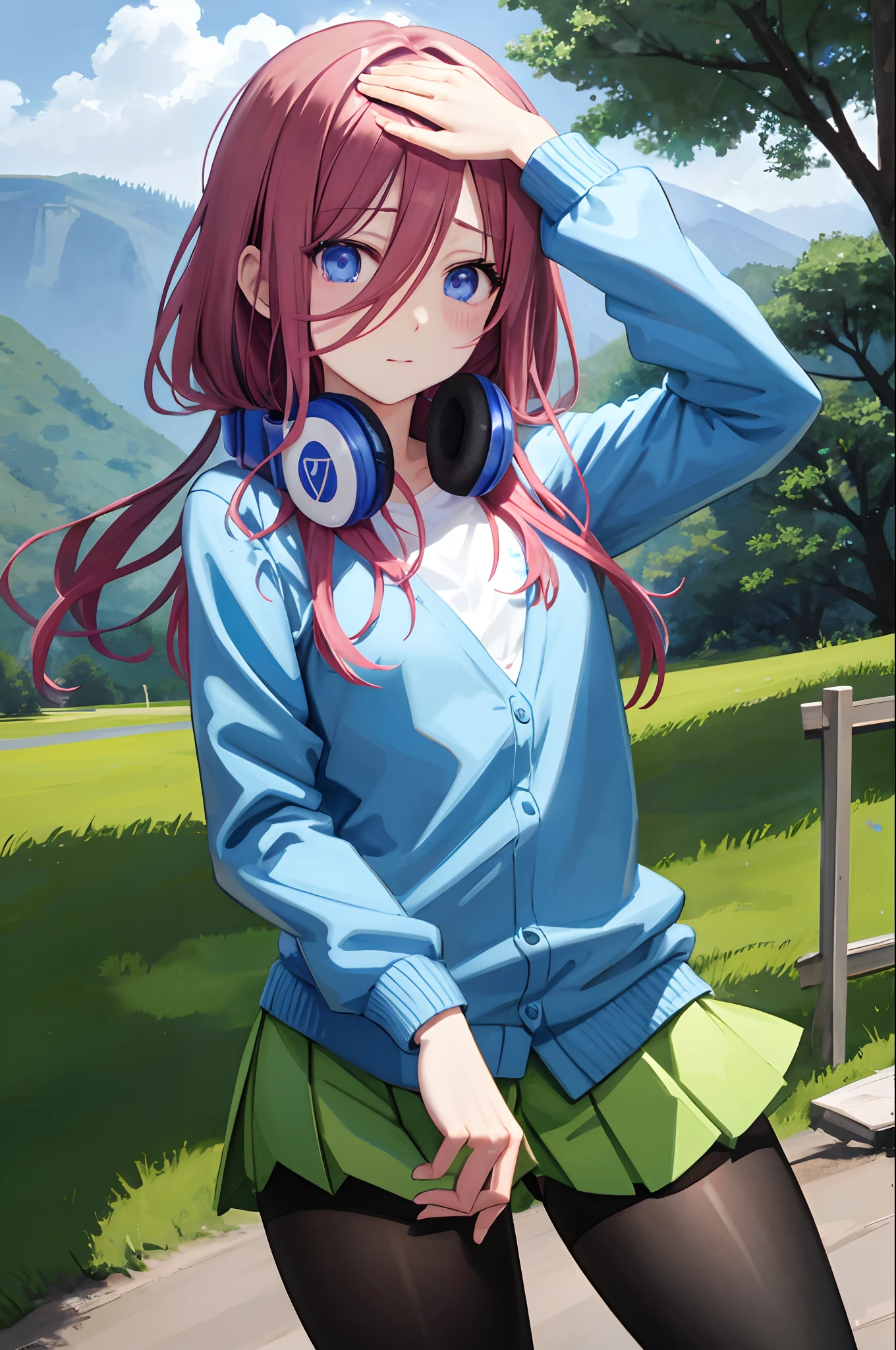 best qualtiy、masterpiece、nice hand、perfect hand、Miku Hiking、Shameful face、tiny chest、Blue cardigan、County Road