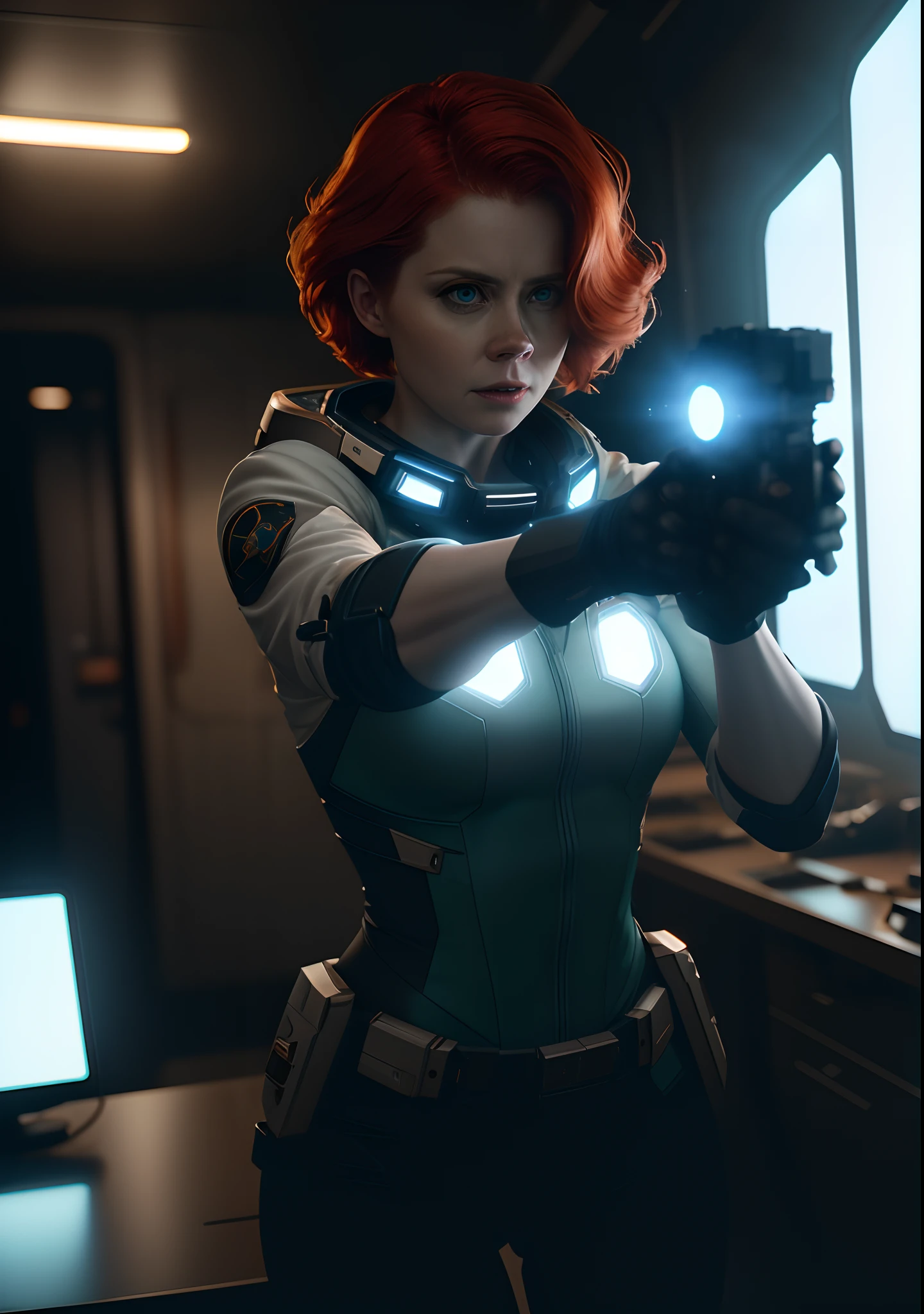 Hot terrified Sci fi Amy Adams with short hair holding a sci fi pistol on Ishimura Horror Space Ship photography, natural light, photorealism, cinematic rendering, ray tracing, the highest quality, the highest detail, Cinematic, Third-Person View, Blur Effect, Long Exposure, 8K, Ultra-HD, Natural Lighting, Moody Lighting, Cinematic Lighting