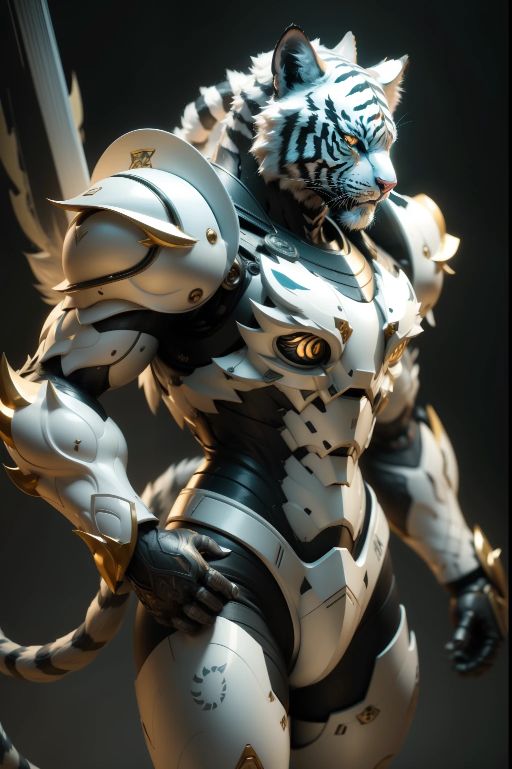 Super cute furry white tiger warrior in armor、realisitic、4K、ultra-detailliert、 vray rendered、unrealengine、Mid-Journey Art Style