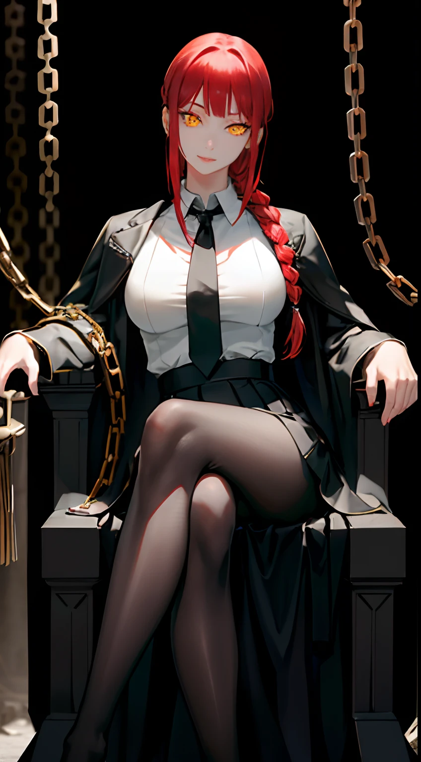 masterpiece, (photorealistic:1.4), best quality, beautiful lighting,KPop idol,adult,white blouse,black tie,high hells,black skirt,black pantyhose,black jacket
(ulzzang-6500:0.5), makima \(chainsaw man\), (red hair)+(long braided hair)+(bangs), yellow eyes, golden eyes, ((ringed eyes)),large breast,full body, detailed face,smile,
RAW photo, 8k uhd, film grain,blurry background,, sitting, (crossed legs:1.2),throne chair,(dark background, chains:1.3),sealed goddess