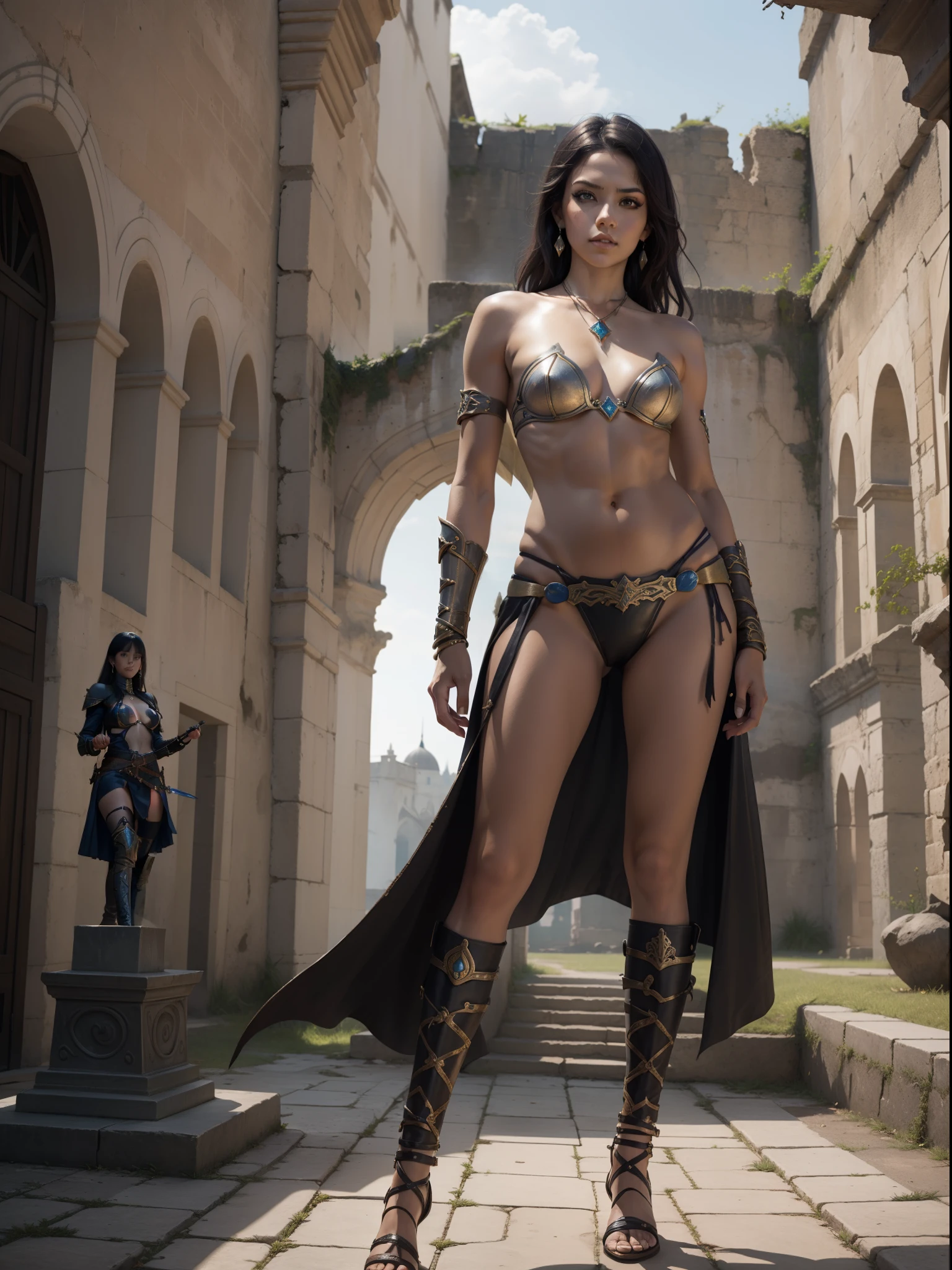 Create an image of a female warrior with a bikini and a shining sword,  ((brow, Leather Band)), full body Esbian, Esbian, Esbian, Give this image feminine charm and courage. Next, Paired accessories such as warrior costumes with an emphasis on body lines, Metal accents to create a combative atmosphere, Lapis Necklace、Matching rings and earrings. Finally, The atmosphere of the female warrior is、Impregnated with sharp eyeliner and dark eyeshadow. Photoshoot takes place in the courtyard of an abandoned castle. In the background is a crumbling rampart, An upside-down flag and stone statue with a sense of history. It is a place where female warrior cosplay can be seen in an atmosphere of history and mystery.