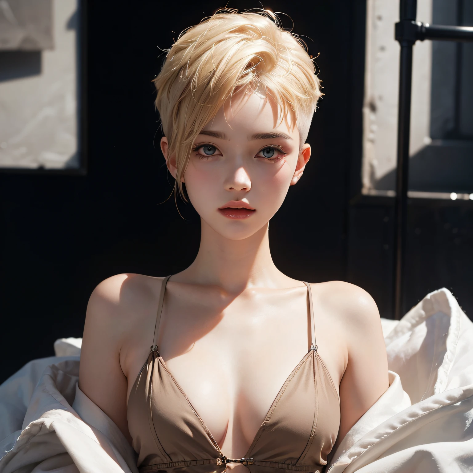 a 20 yo woman、a blond、(hi-top fade:1.3)、dark themed、barechested、teats、Muted Tones、Subdued Color、highly contrast、(natural skin textures、Hyper-Realism、Soft light、sharp)