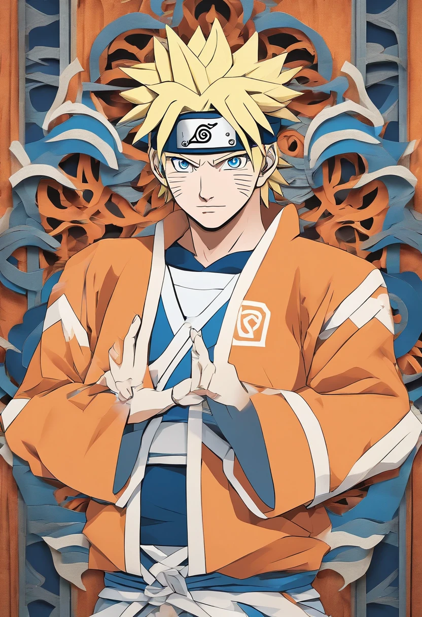 uzumaki naruto, Headband with the Konoha symbol, spiky blonde hair, Bright blue eyes, Orange jumpsuit, Energetic pose, Vivid colors,Color Paper