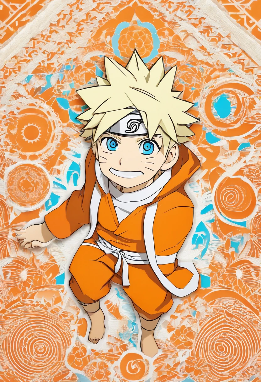uzumaki naruto, Headband with the Konoha symbol, spiky blonde hair, Bright blue eyes, Orange jumpsuit, Energetic pose, Vivid colors,Color Paper