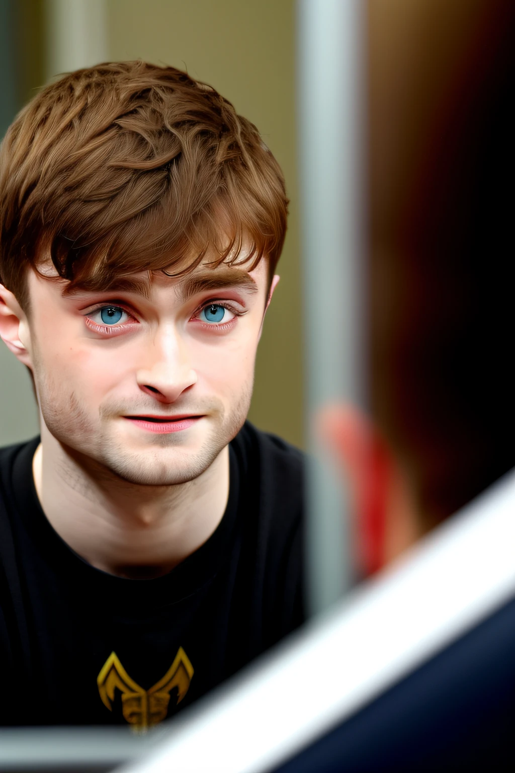 close-up photo of daniel radcliffe looking at the mirror