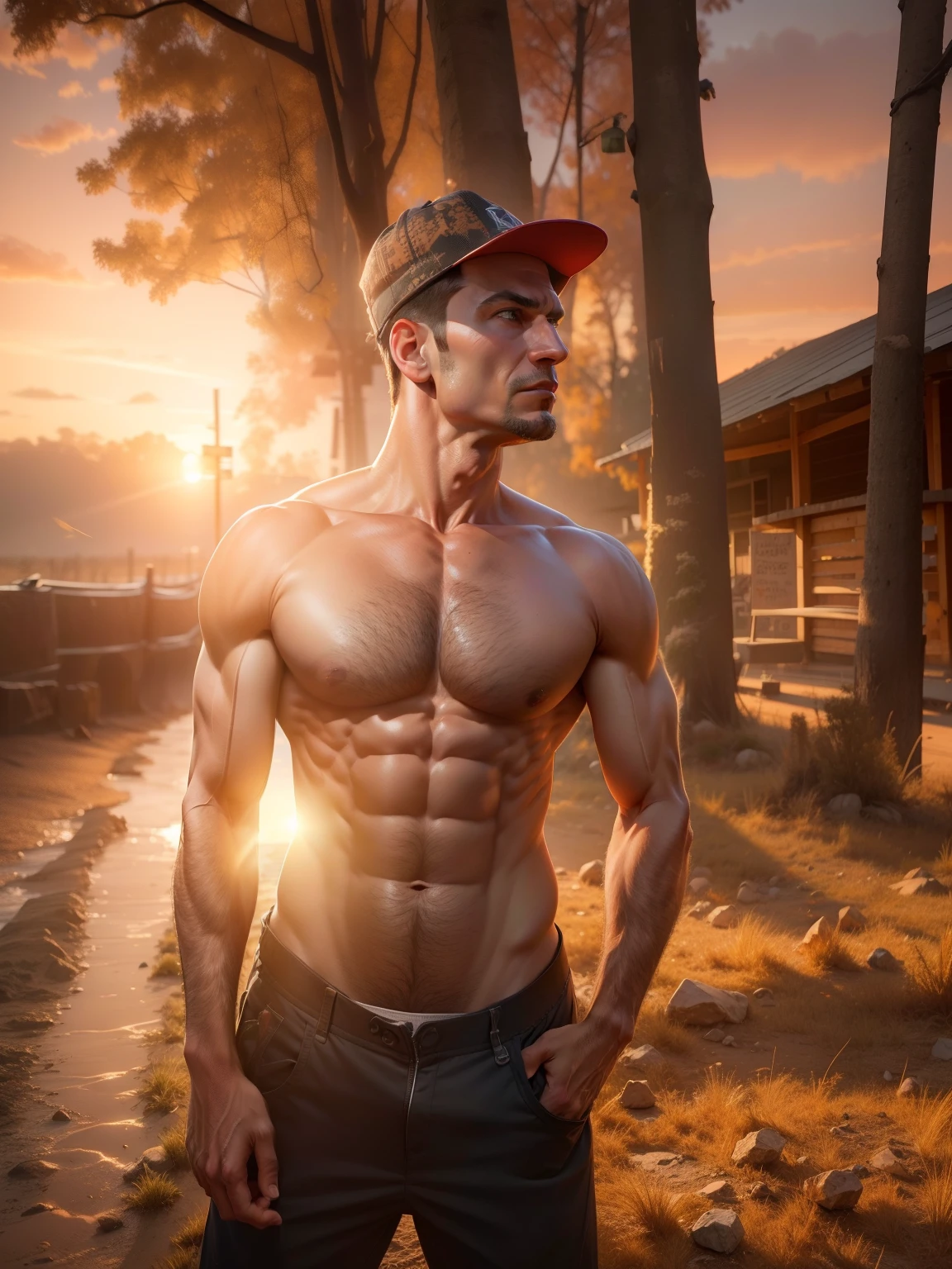 background change realistic face not cartoon face 8k HD photo quality smooth photo six pack bodybuilder sunset not change my face Real Stick face