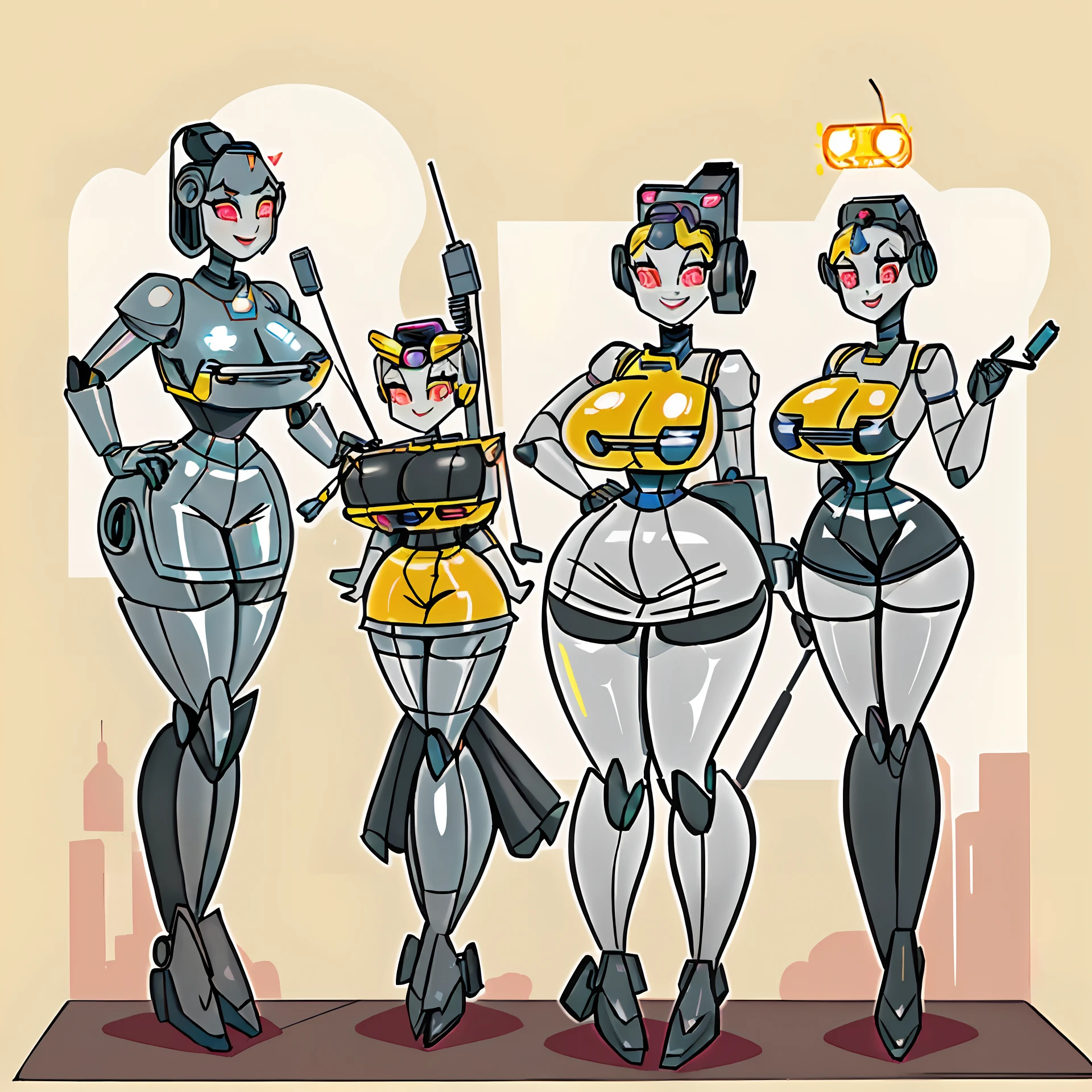 ((masterpiece)), best quality, robots with gray face and glowing color eyes, (Retro Robot Casanova: A charming big boobs mecha reminiscent of 1950s house wife as robot, complete with a mini dress and a metallic grin. It's equipped with vintage-style gadgets and has a magnetic personality. (full body)), happy futuristic sexy mecha robot