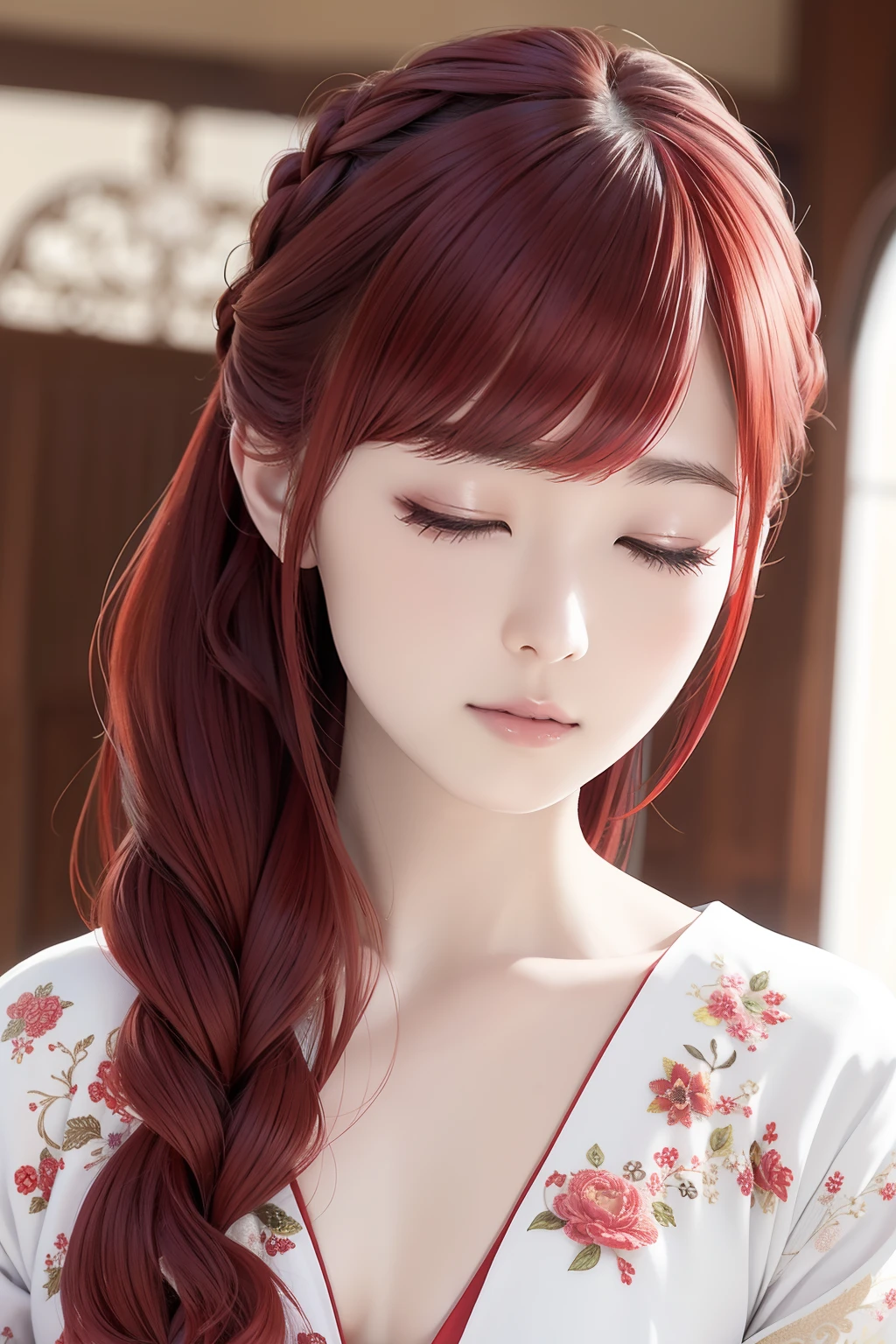 from the front side、Red hair、Long hair、Side tail、bustshot、Hair tied at the side、Princess、robe blanche、floral embroidery、Closing your eyes、sleepy、Looking from the front、