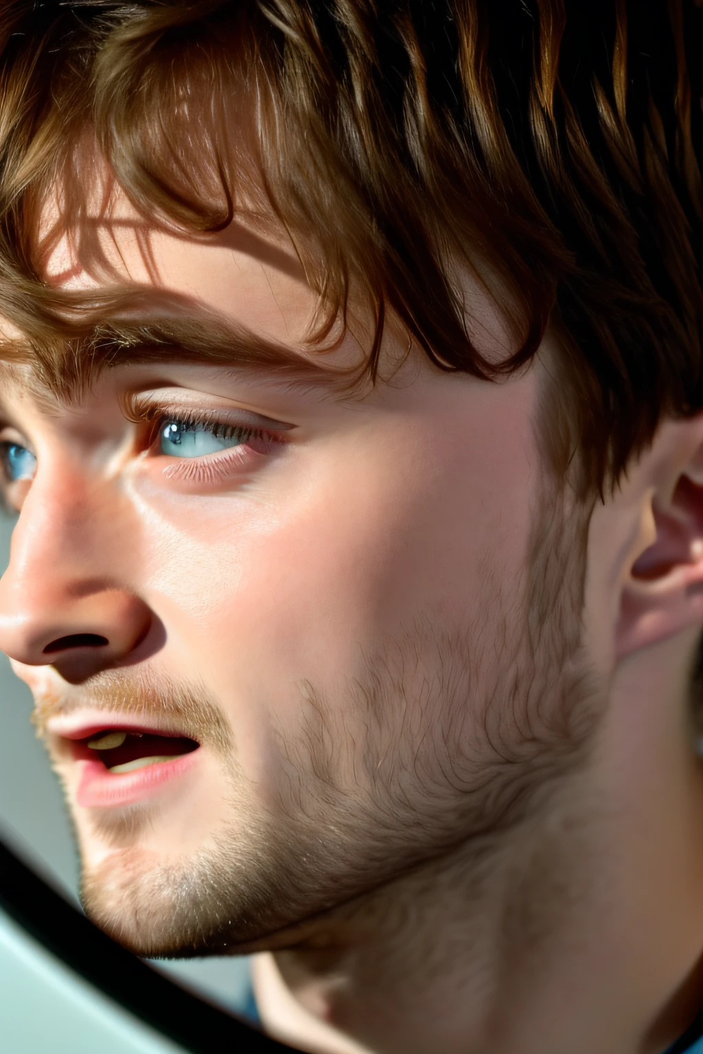 close-up photo of daniel radcliffe looking at the mirror