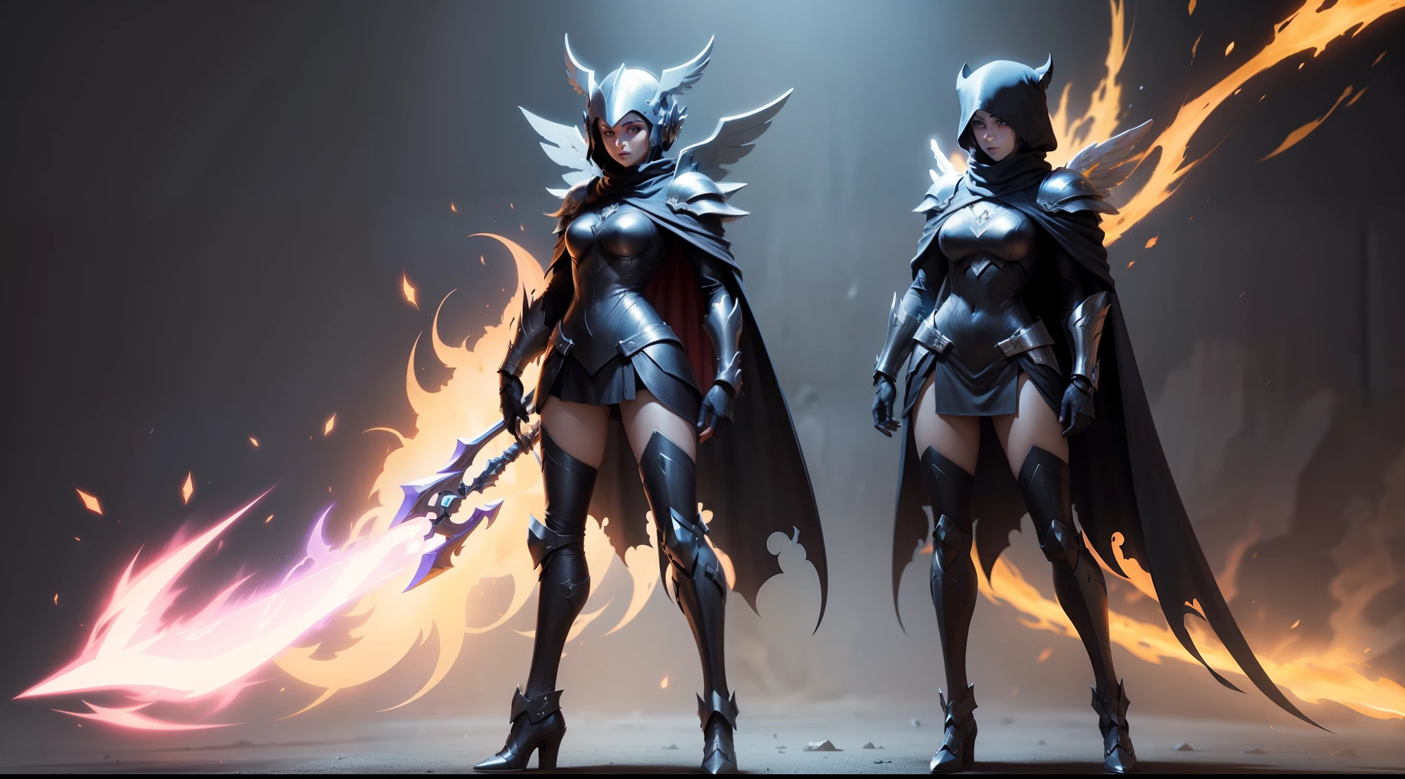 using cape Digimom Angel female color black weapons in hand concept art fantasy, Elemental fire, Skill power fire