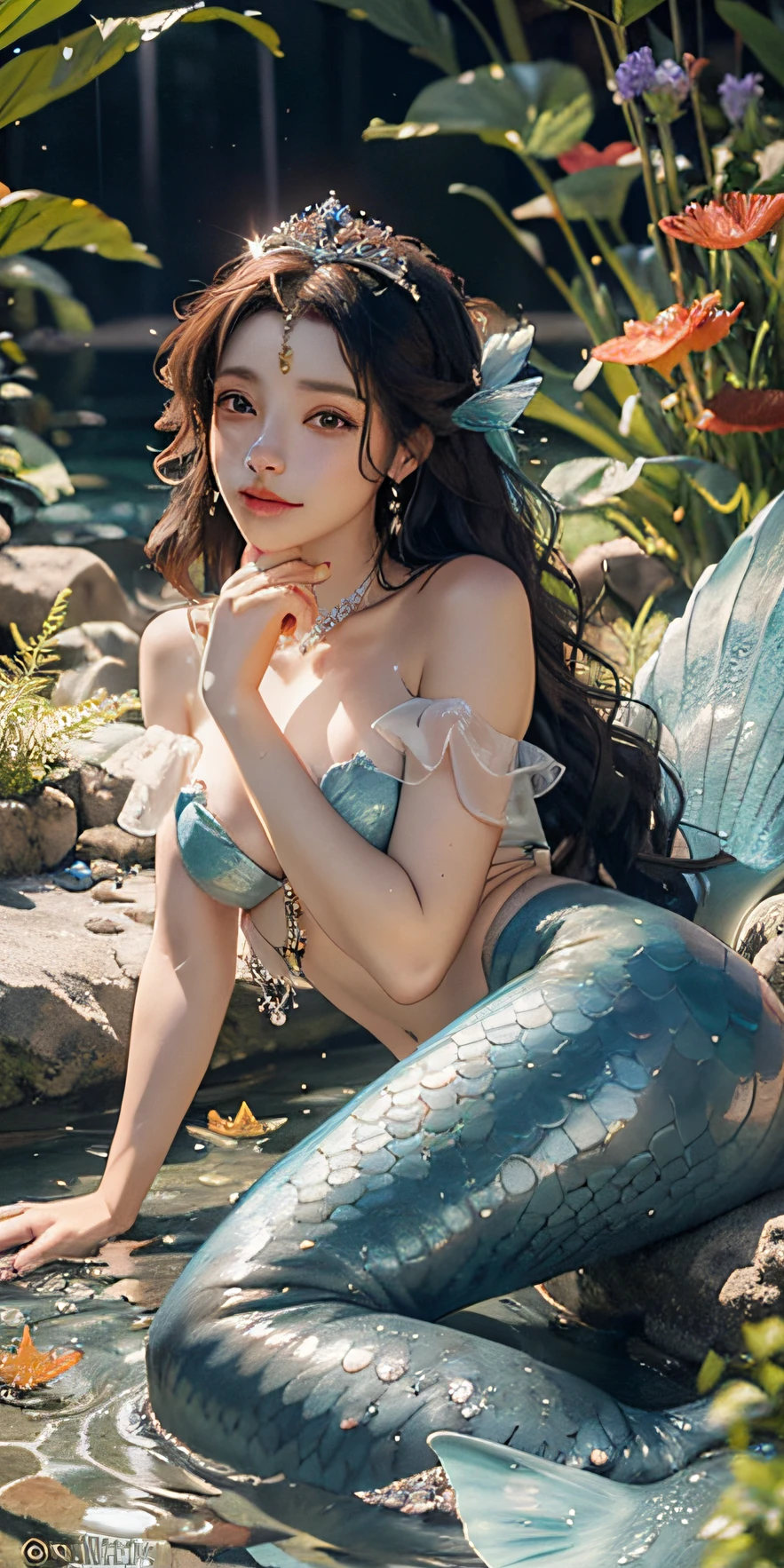 There's a woman with a mermaid's tail, sentada em uma rocha, Mermaid aesthetics, sereia adulta bonita, sereia bonita, retrato de uma sereia,  Ethereal Mermaid Tale, sereia livro adulto bonito, Ethereal Fantasy, sorrindo como uma rainha de sereias, rainha das sereias , tiara on the head of corals , perolas e conchas ((obra-prima)),16k,uhd