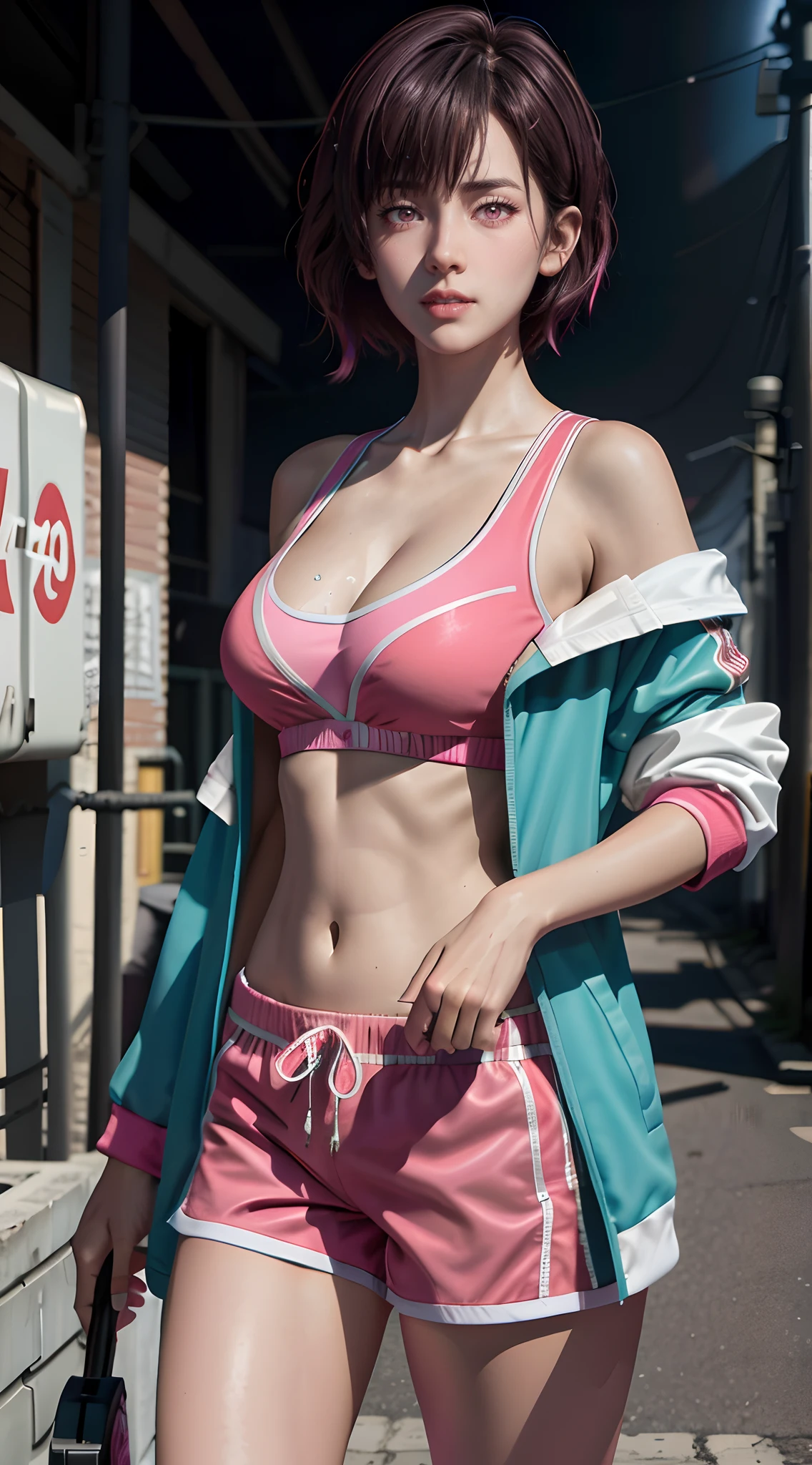 (dynamic lighting), (highly detailed cg), (highly detailed skin), (breastout), (toned body), (photorealistic), (high-res), ultra realistic 8k CG, 1girl, black short hair, collarbone, hipbone, pink sports bra, open teal jacket, pink shorts over black leggings, (exposed breasts), perfect, standing in a dirty alley,