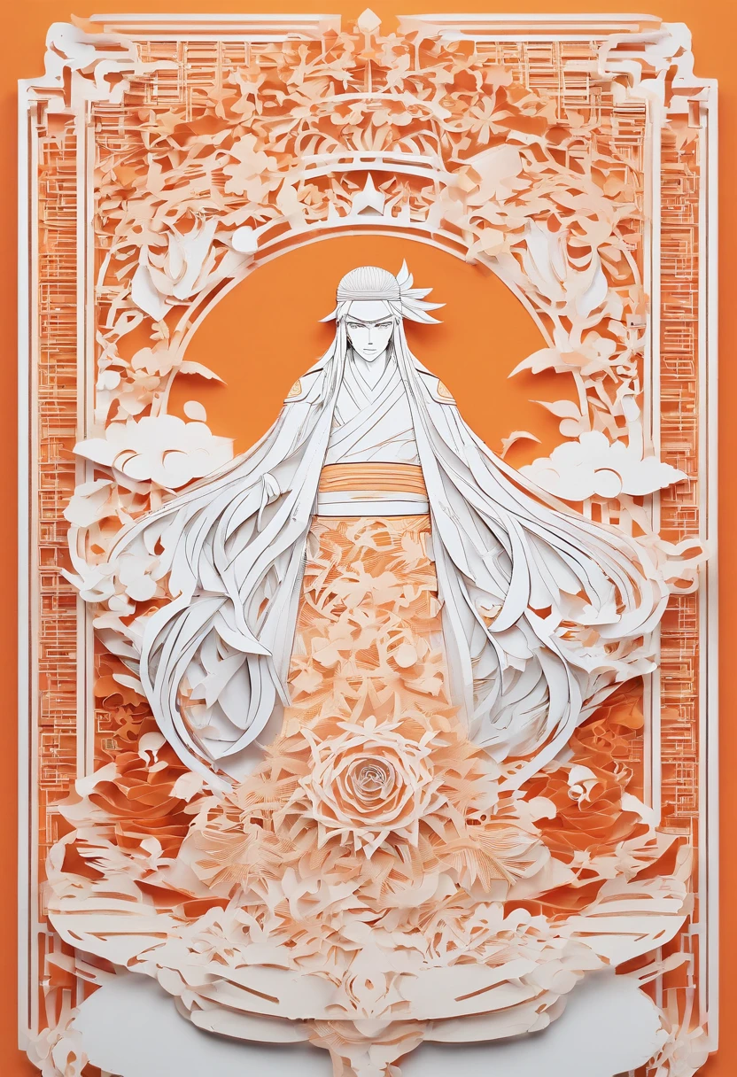 paper art、Color paper、uzumaki naruto, Headband with the Konoha symbol, spiky blonde hair, Bright blue eyes, Orange jumpsuit, abstract background、Abstract character