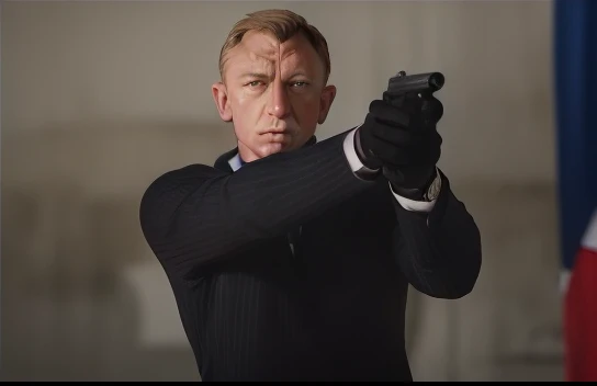 Allafed image of a man with a gun in the studio, still photo of james bond, James Bond film stills, Daniel Craig, James Bond, Putin: James Bond 0 0 7, Action thriller, movie action still frame, Classic Bond Iconic Shots, with a pistol, drenching, he has a pistol!!, actionpose, hunter, Idris Elba: James Bond