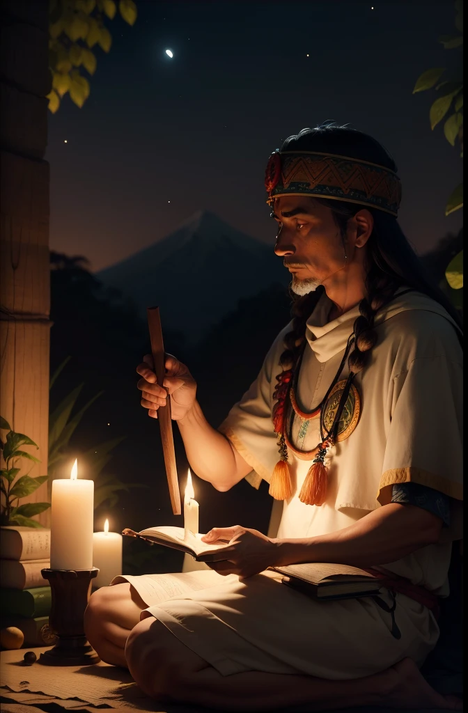 floresta, lua cheia, Sacred scrolls being read by a shaman , noite chegando, foto de alta qualidade 4k