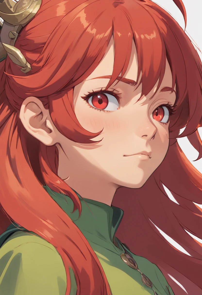 A close up face portrait of a gorgeous redhead orc lady