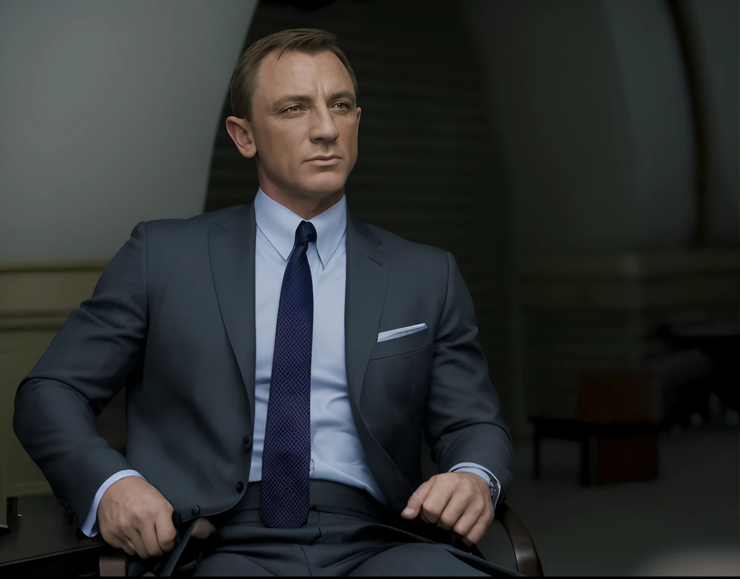 Alahedo man in suit sitting on a chair in room, Daniel Craig, still photo of james bond, James Bond film stills, drenching, James Bond, in his suit, in a strict suit, in a strict suit, In a suit, Idris Elba: James Bond, vesper lynd from casino royale, Wearing a dark gray suit