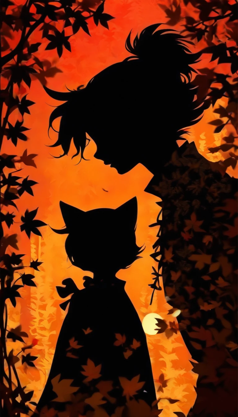 (Silhouette Art,cutouts:1.6)
(((Paper cutting art,A world where only black exists:1.3)

(Cowboy Shot),1 girl,Solo,
(Kimono Girl,profile:1.2),white, Clear and beautiful face,Black cat facing each other at his feet

break
(Colored leaves、amarelo　Red:1.3)
Textured glass background,