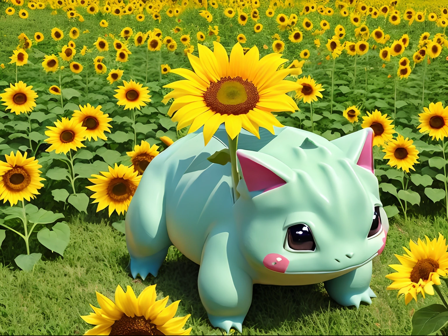 Bulbasaur, Cute, Sunflower, grass field