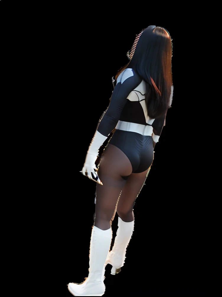 a close up of a woman in a black and white outfit, ( ( spiderwoman ) ), (High contrast), Back Pose, back-view, as a retro futuristic heroine, superheroine costume, Super, spiderwoman!!!!!, Tumbler, Black leather costume, View(Full body + zoomed out), 1 9 6 0 s space girl, centered full body rear-shot、top-quality、Photoreal Stick、8k，skintight、Wearing a Skintight Treotard