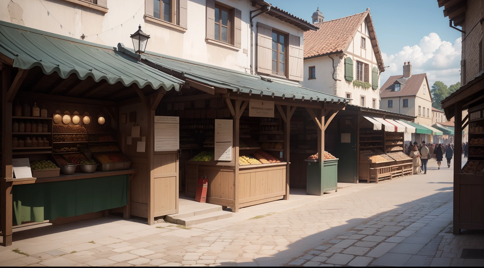 European outdoormarket's street, exterior view, vulgar, poor, 15th century, medieval, market, simple but detailed, no modern people, no people, no person,