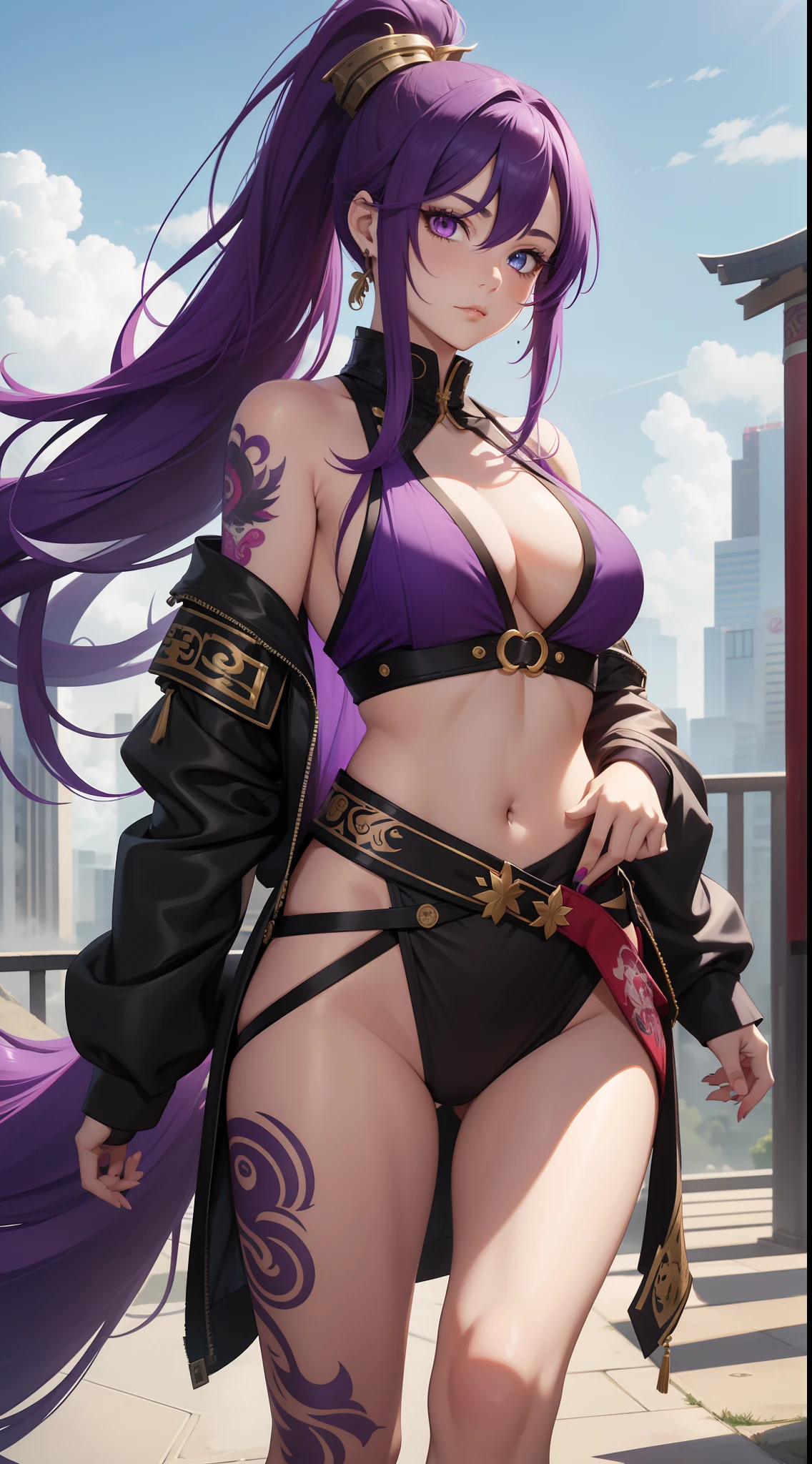 adult girl, long purple hair, Part of the hair is gathered in a high ponytail, Heterochromia, The left eye is purple, Red right eye, big breastes, The Monkey King's Armor, open torso, lots of tattoos, clouds beneath your feet, Masterpiece, hiquality, 4k, HD, Good detail