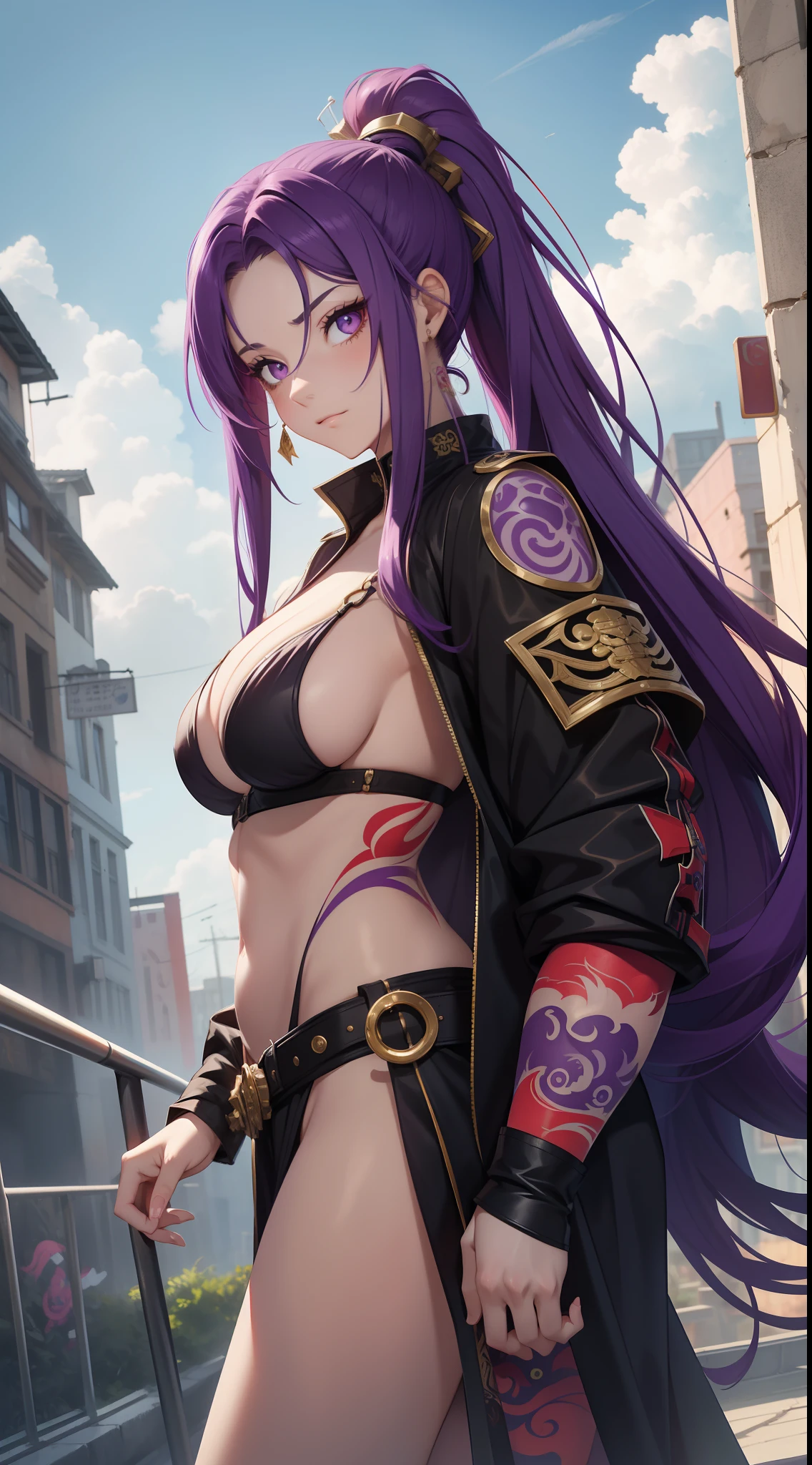 adult girl, long purple hair, Part of the hair is gathered in a high ponytail, Heterochromia, The left eye is purple, Red right eye, big breastes, The Monkey King's Armor, open torso, lots of tattoos, clouds beneath your feet, Masterpiece, hiquality, 4k, HD, Good detail