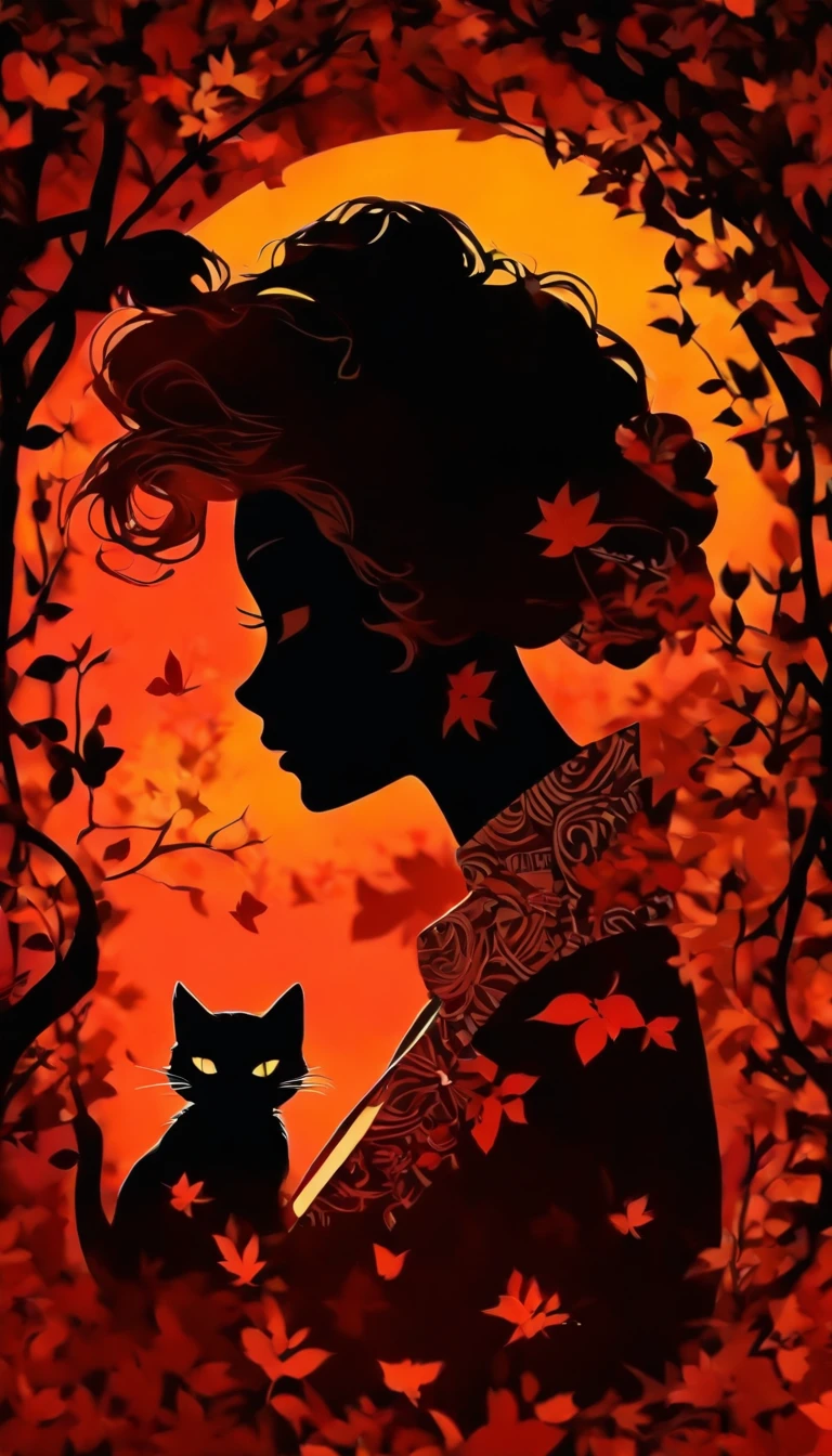 (Silhouette Art,cutouts:1.6)
(((Paper cutting art,A world where only black exists:1.3)

(Cowboy Shot),1 girl,Solo,
(Kimono Girl,profile:1.2),white, Clear and beautiful face,Black cat at your feet

break
(Colored leaves、amarelo　Red:1.1)
Textured glass background,