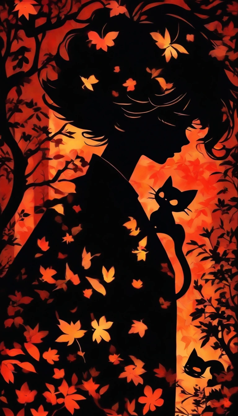 (Silhouette Art,cutouts:1.6)
(((Paper cutting art,A world where only black exists:1.3)
(Cowboy Shot),1 girl,Solo,
(Kimono Girl,profile:1.2),white, Clear and beautiful face,Black cat at your feet
break
(Colored leaves、amarelo Red:1.1)
Textured glass background,