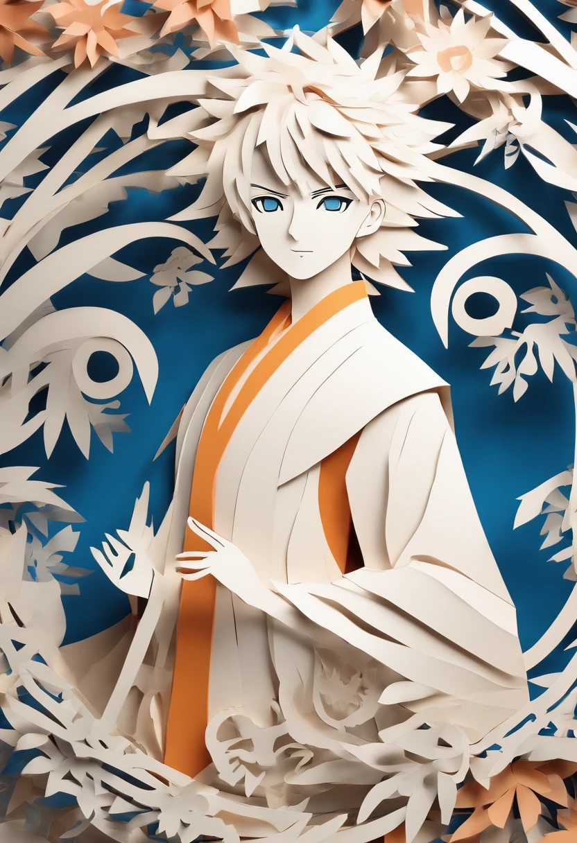 paper art、Color paper、Naruto Uzumaki Image, Headband with the Konoha symbol, spiky blonde hair, Bright blue eyes, Orange jumpsuit, Abstract background、Abstract