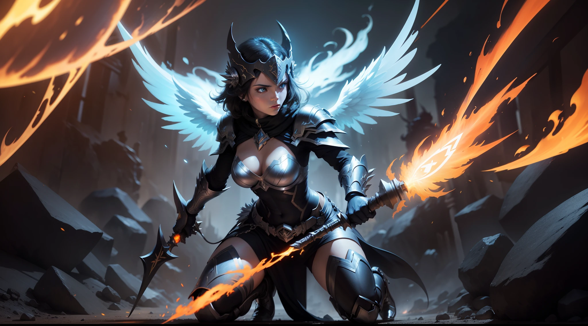 using cape Digimom Warrior Angel female color black weapons in hand concept art fantasy, Elemental fire, Skill power fire