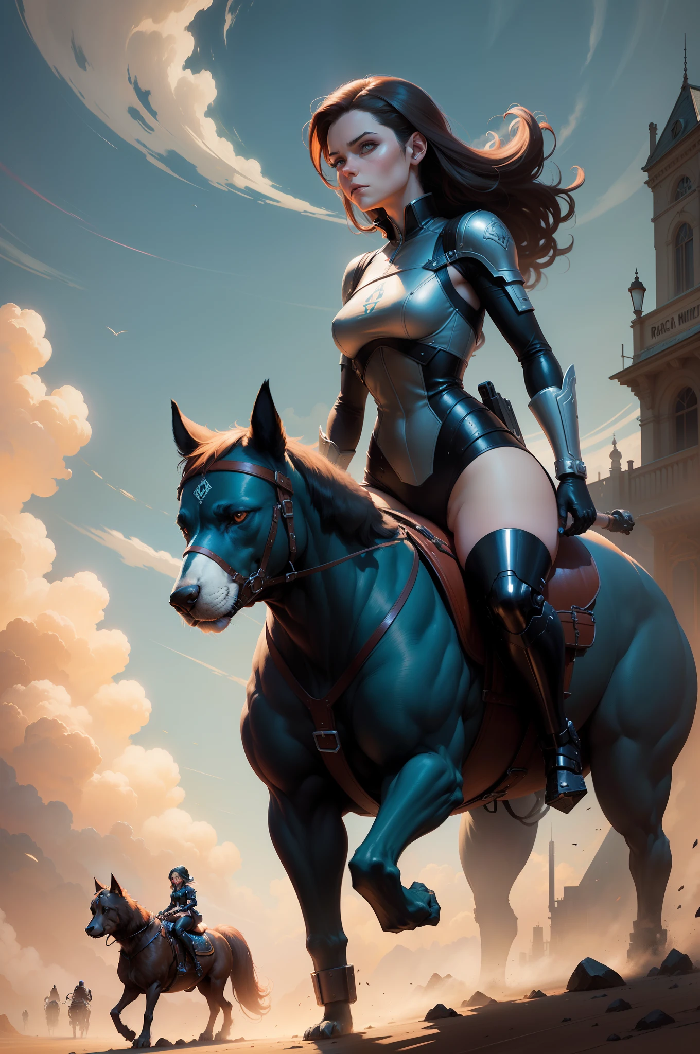There's a woman riding a huge dog, Rads and Lois van Baarle, Android Jones and Rads, Concept art | Rads, realistic fantasy illustration, WLOP and RHADS, Alexander Kuharsky, Artgerm and Atey Gaylan, Jan J., Author: RHADS, Author: Mads Mountain