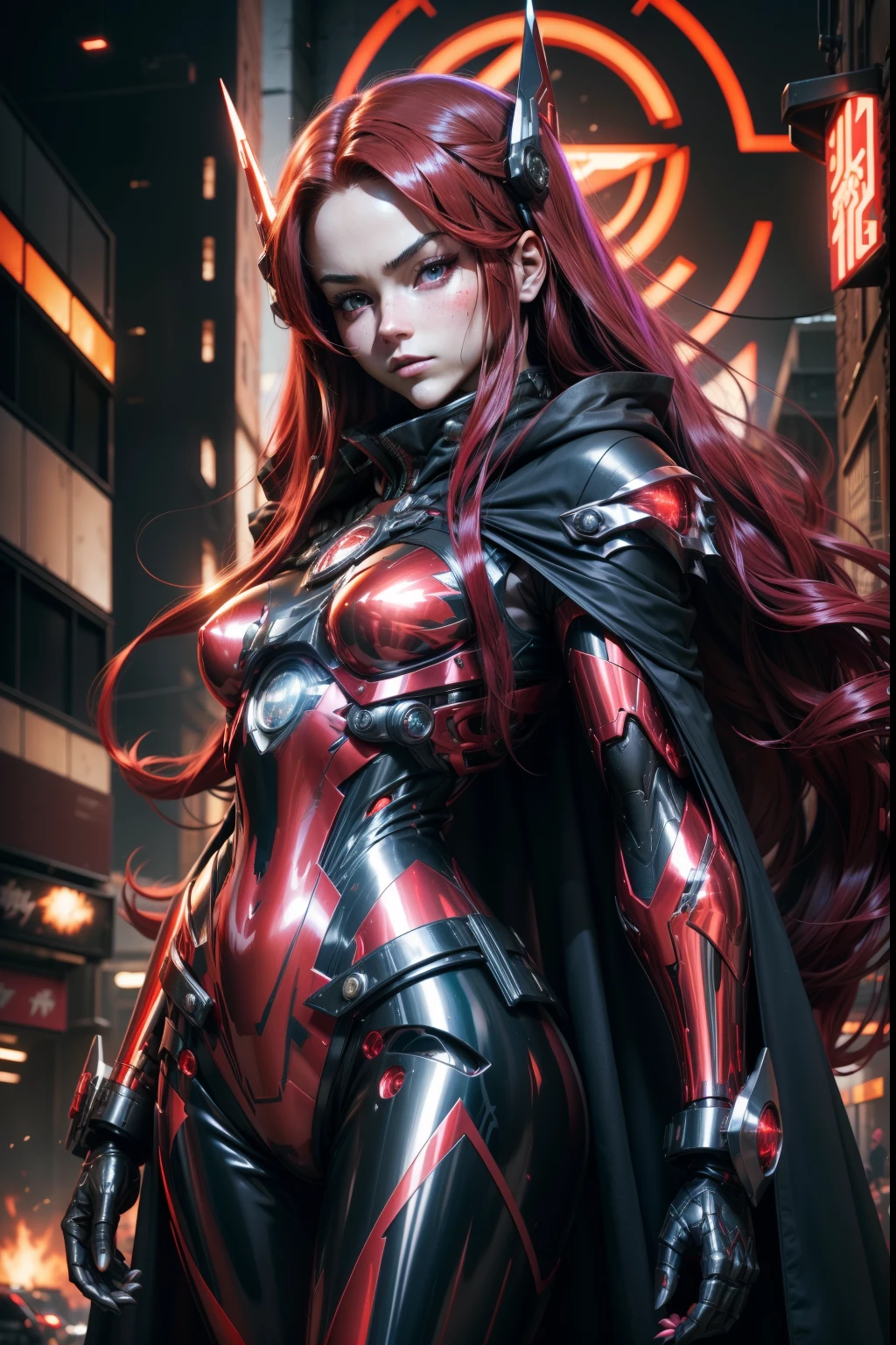 A woman in a red and black costume standing in a city - SeaArt AI