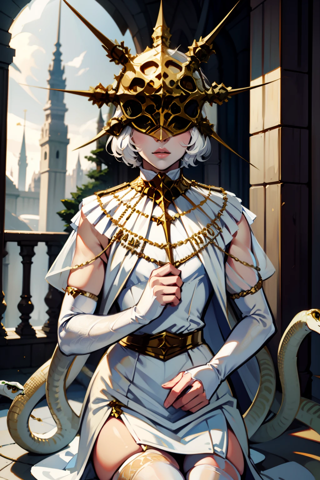 Gywndolin, short white hair, androgynous, 1boy, male, femboy, flat-chested, GwyRob, white thighhighs, ((golden sun mask)), covered eyes, gold jewelry, white elbow gloves, long white dress, green snakes, white veil, ((snakes under white dress)), perfect anatomy, solo, across table, upper body, first person pov, looking at viewer
