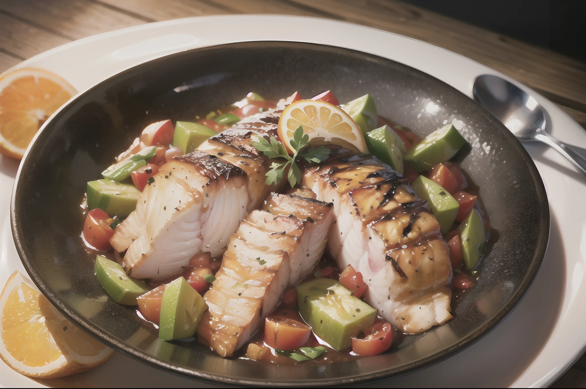 (best quality, highres), (close shot, detailed), (grilled fish), (flavorful dish), (tomato and chilies), (green onion sprinkle on the top), (orange red sauce), (steam), (savory), (appetizing), (mouthwatering), (delicious aroma), (fresh), (juicy), (succulent), (sizzling), (tasty), (tempting), (well-seasoned), (charred marks on the fish), (crispy skin), (garnished with herbs), (vibrant colors), (mouthwatering presentation), (fine dining experience), (exquisite plating), (culinary masterpiece), (professional cook), (culinary art), (gastronomic delight), (chef's special), (sumptuous), (delightful texture), (grilled to perfection), (meticulously prepared), (irresistible), (mouthwatering flavors), (visual feast), (sensory delight), (succulent juices), (savory taste), (flavor explosion), (culinary expertise)