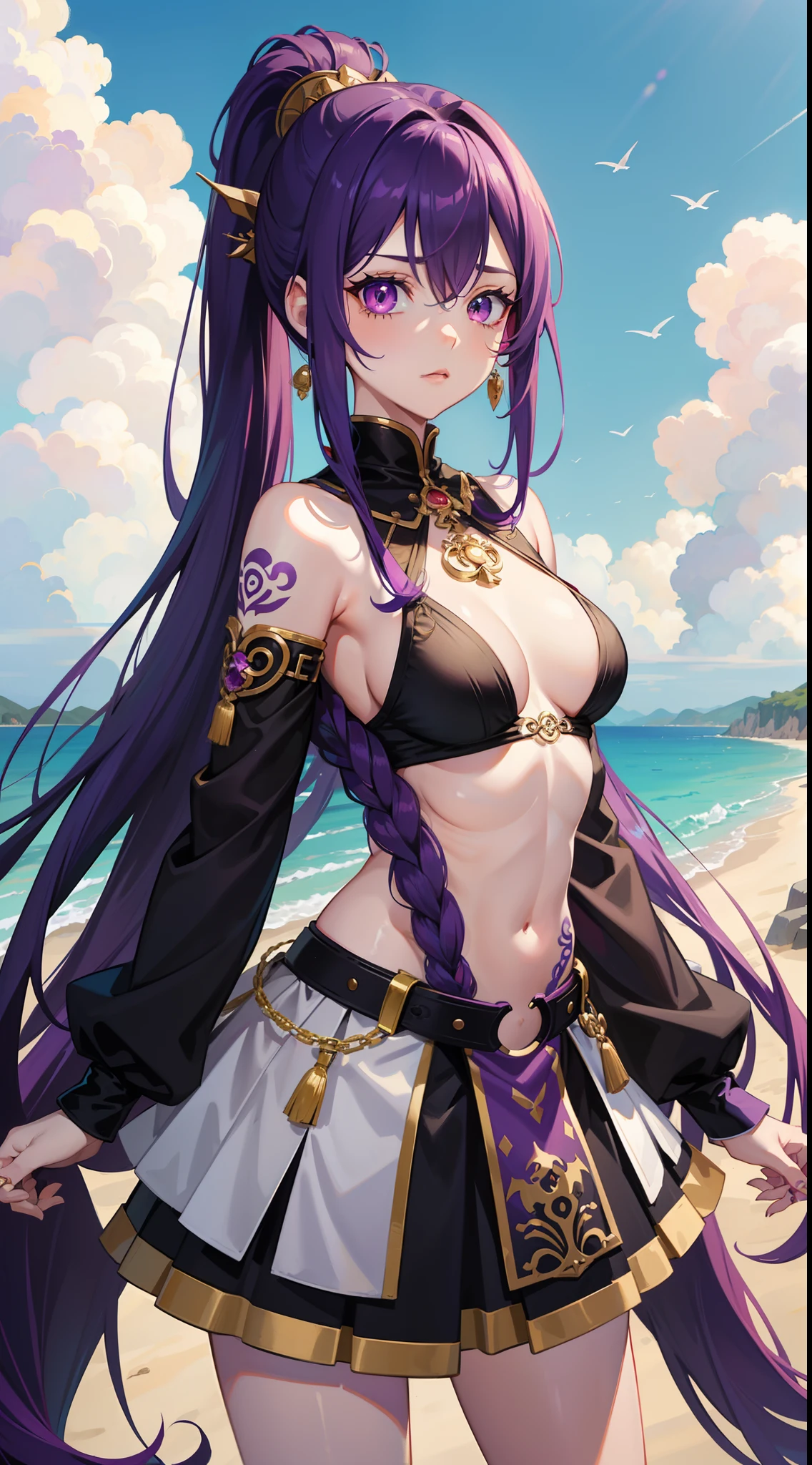 adult girl, long purple hair, Part of the hair is gathered in a high ponytail, Heterochromia, The left eye is purple, Red right eye, big breastes, The Monkey King's Armor, open torso, lots of tattoos, clouds beneath your feet, Masterpiece, hiquality, 4k, HD, Good detail