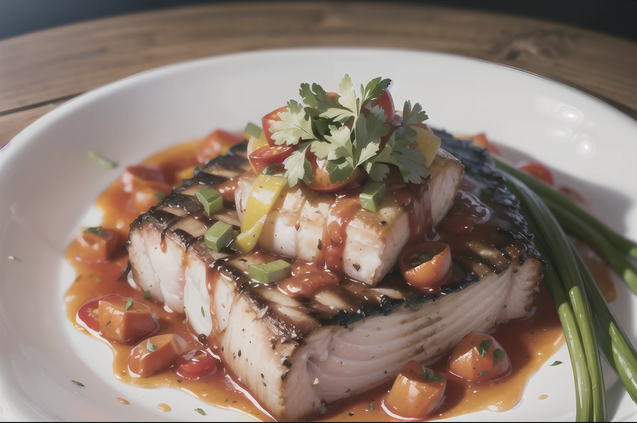(best quality, highres), (close shot, detailed), (grilled fish), (flavorful dish), (tomato and chilies), (green onion sprinkle on the top), (orange red sauce), (steam), (savory), (appetizing), (mouthwatering), (delicious aroma), (fresh), (juicy), (succulent), (sizzling), (tasty), (tempting), (well-seasoned), (charred marks on the fish), (crispy skin), (garnished with herbs), (vibrant colors), (mouthwatering presentation), (fine dining experience), (exquisite plating), (culinary masterpiece), (professional cook), (culinary art), (gastronomic delight), (chef's special), (sumptuous), (delightful texture), (grilled to perfection), (meticulously prepared), (irresistible), (mouthwatering flavors), (visual feast), (sensory delight), (succulent juices), (savory taste), (flavor explosion), (culinary expertise)