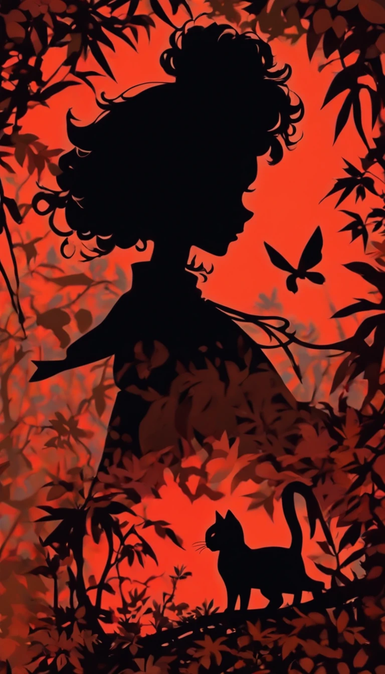 (Silhouette Art,cutouts:1.6)
(((Paper cutting art,A world where only black exists:1.3)
(Cowboy Shot),1 girl,Solo,
(Kimono Girl,profile:1.2),white, Clear and beautiful face,Black cat at feet
break
(Colored leaves、amarelo Red:1.1)
Textured glass background,