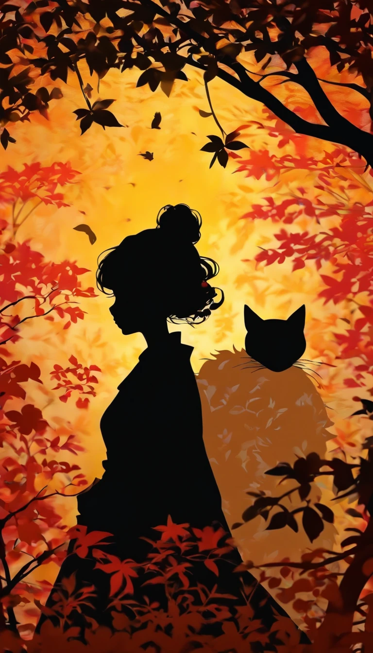 (Silhouette Art,cutouts:1.6)
(((Paper cutting art,A world where only black exists:1.3)
(Cowboy Shot),1 girl,Solo,
(Kimono Girl,profile:1.2),white, Clear and beautiful face,Black cat at feet
break
(Colored leaves、amarelo Red:1.1)
Textured glass background,