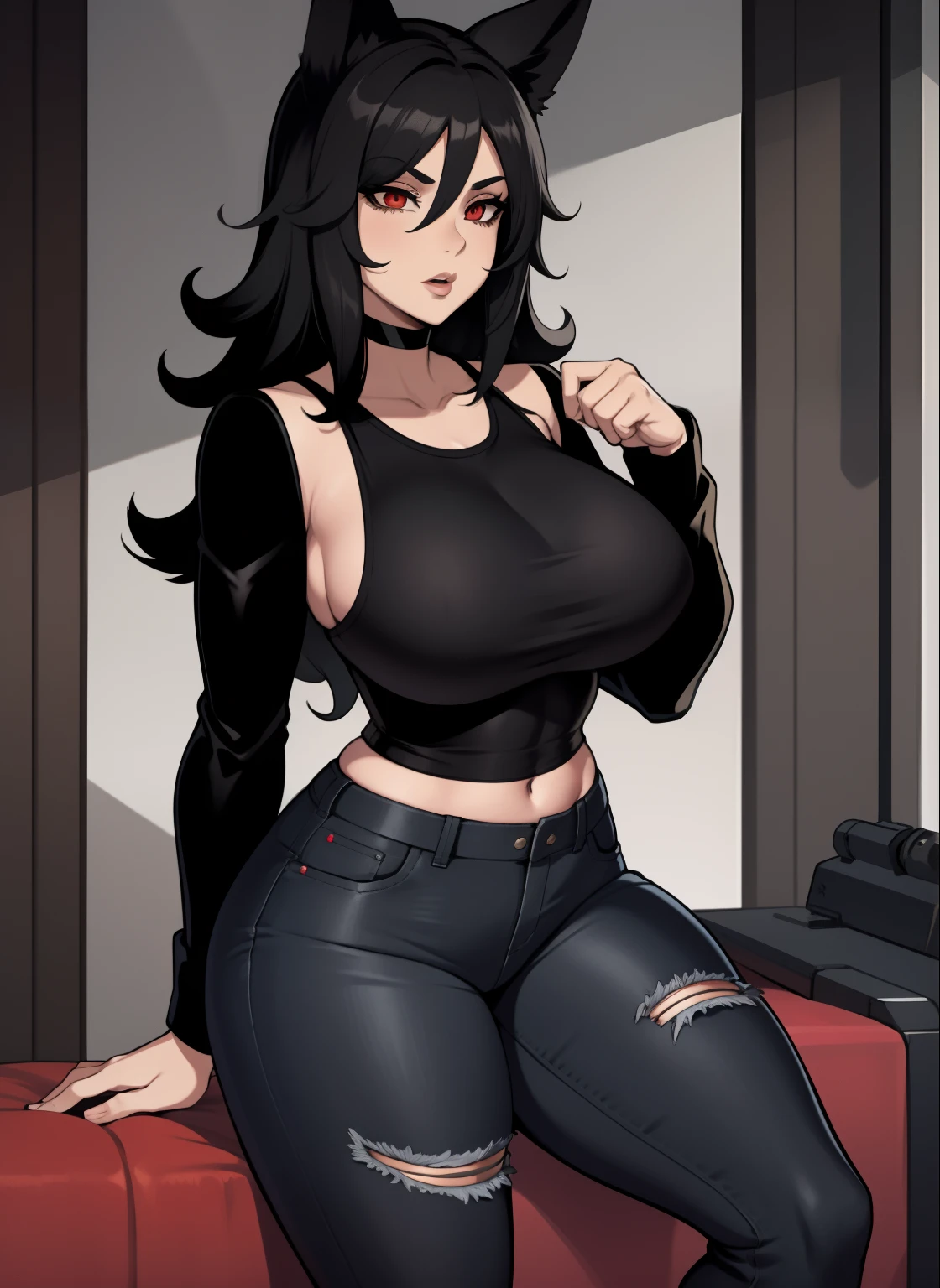 Single woman, anime woman, Hourglass figure, Short, long black hair, dog ears, red eyes, short jeans, thigh high socks, black combat boots, open black jacket, big chest, tank top, solo woman, only one woman