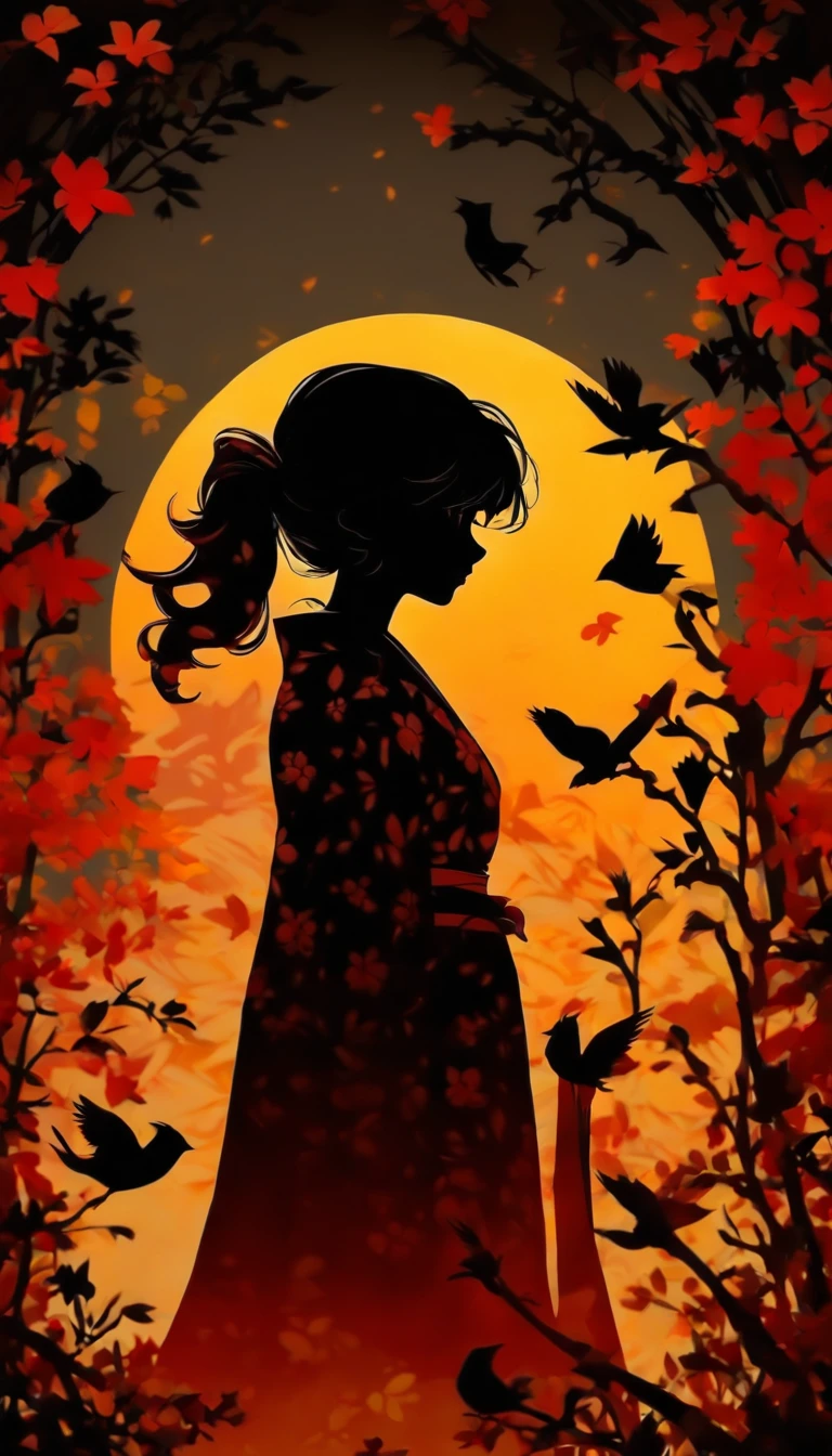 (Silhouette Art,cutouts:1.6)
(((Paper cutting art,A world where only black exists:1.3)
(Cowboy Shot),1 girl,Solo,
(Kimono Girl,profile:1.2),white, Clear and beautiful face,Black cat at feet
break
(Colored leaves、amarelo Red:3.1)
Textured glass background,