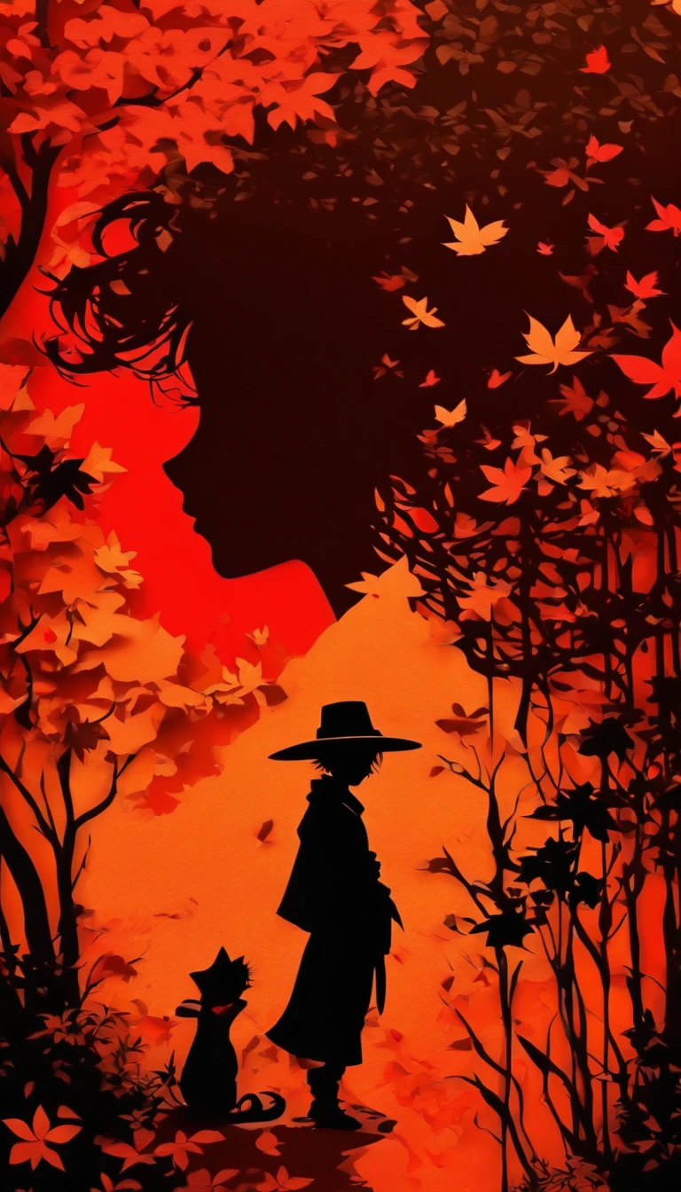 (Silhouette Art,cutouts:1.6)
(((Paper cutting art,A world where only black exists:1.3)
(Cowboy Shot),1 girl,Solo,
(Kimono Girl,profile:1.2),white, Clear and beautiful face,Black cat at feet
break
(Colored leaves、amarelo Red:3.1)
Textured glass background,
