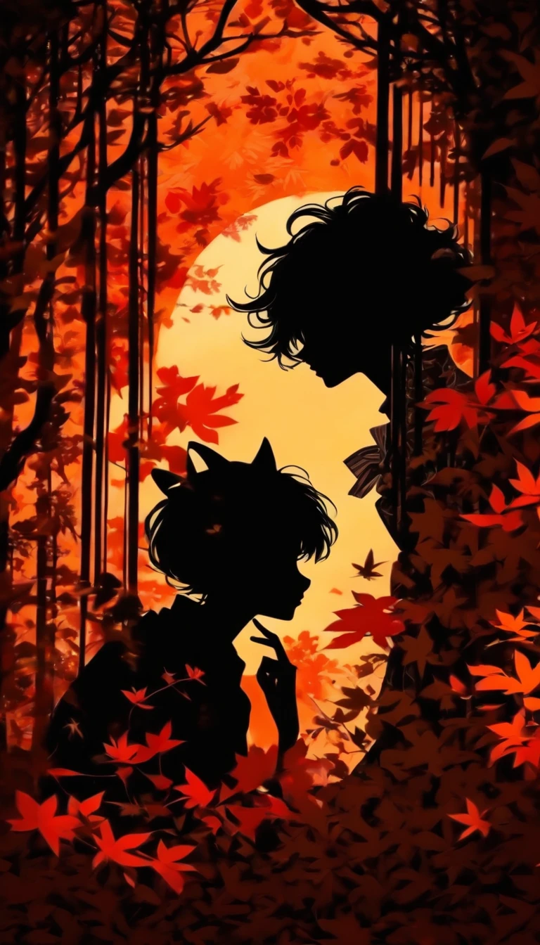 (Silhouette Art,cutouts:1.6)
(((Paper cutting art,A world where only black exists:1.3)

(Cowboy Shot),1 girl,Solo,
(Kimono Girl,profile:1.2),white, Clear and beautiful face,Black cat at feet

break
(Colored leaves、amarelo　Red:3.1)
Textured glass background,