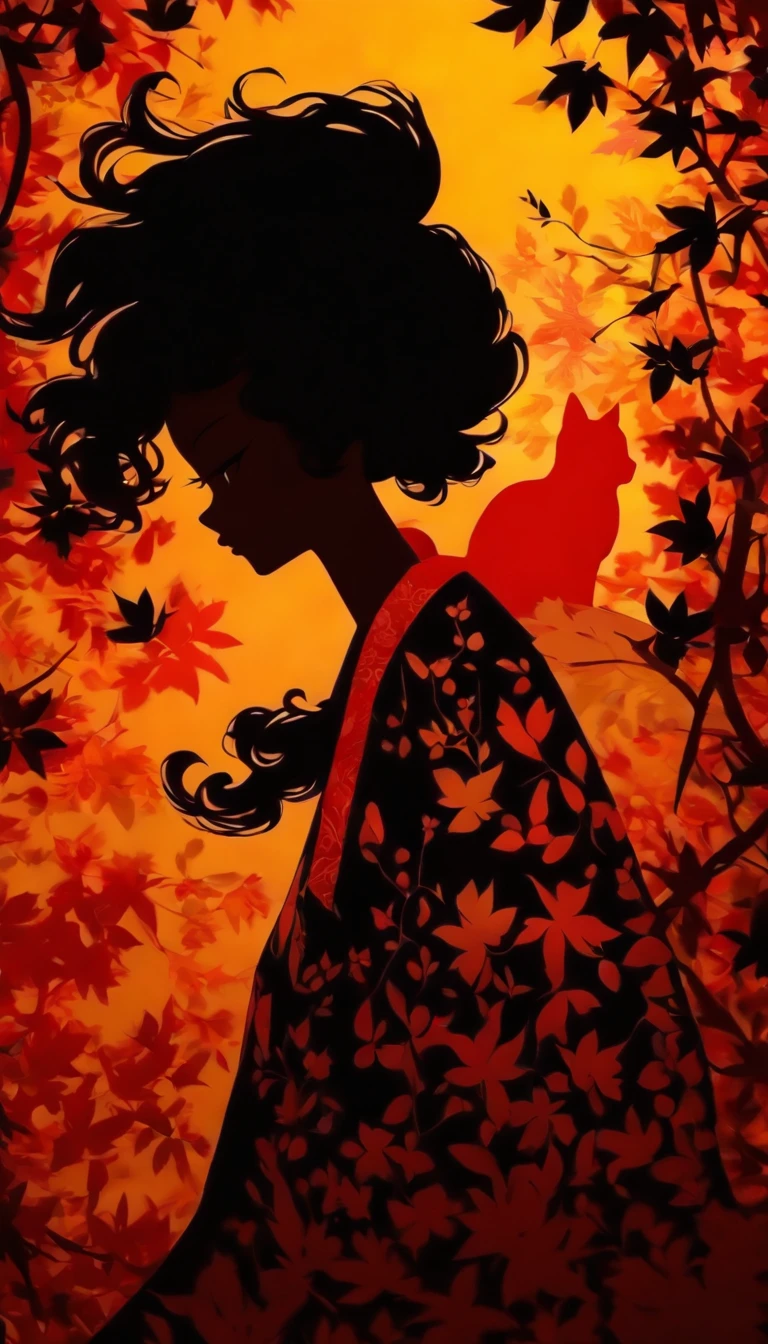 (Silhouette Art,cutouts:1.6)
(((Paper cutting art,A world where only black exists:1.3)
(Cowboy Shot),1 girl,Solo,
(Kimono Girl,profile:1.2),white, Clear and beautiful face,Black cat at feet
break
(Colored leaves、amarelo Red:3.1)
Textured glass background,