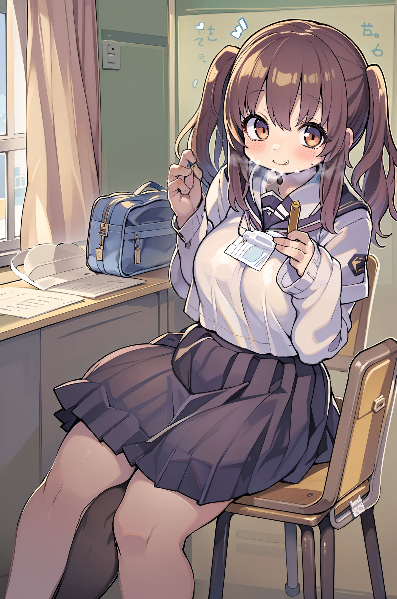 ((masutepiece, Best Quality)),Best aesthetic,1girl in, School uniform, desk work, Sitting, School Desk, Brown hair, crass room, Long hair, Indoors, Chair, Looking at Viewer, :P, Solo Focus, Brown eyes, Skirt, Long sleeves, Pencil, 1 boy, pencil case, paper, black serafuku, Multiple girls, Pleated skirt, Sailor collar, Bangs, head rest, School bag, school chair,huge-breasted、bbw、thick thight、big butts