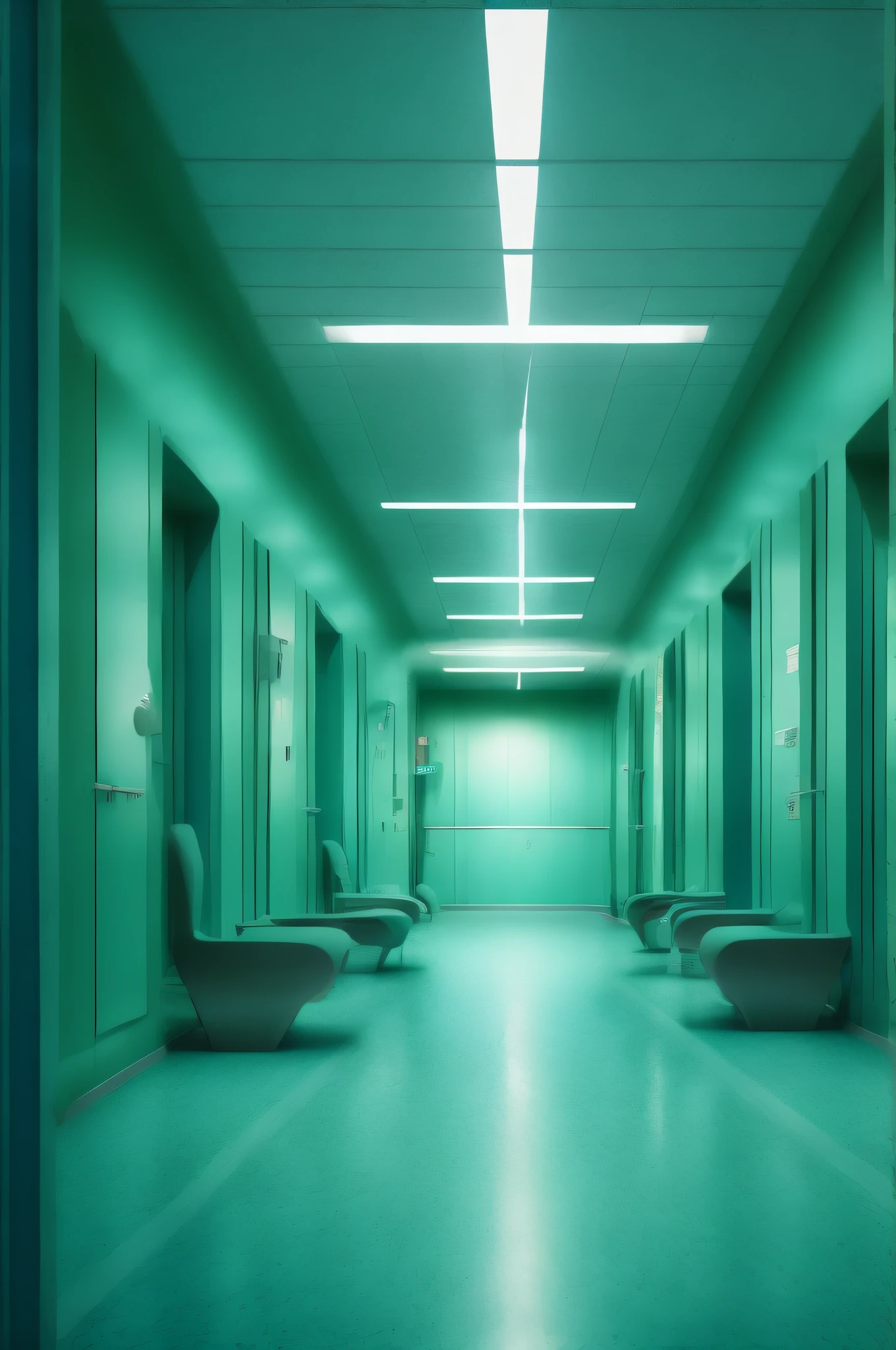 There are three blue chairs in a long corridor with green walls, Aseptic Minimal Room, the scary empty liminal spaces, claustrophobic room, Sci-fi horror setting, In the hospital, Liminal Space Corridor, hospital ward, unsettling creepy liminal space, indoor liminal space, hospital lighting, clean medical environment, futuristic cloning facility