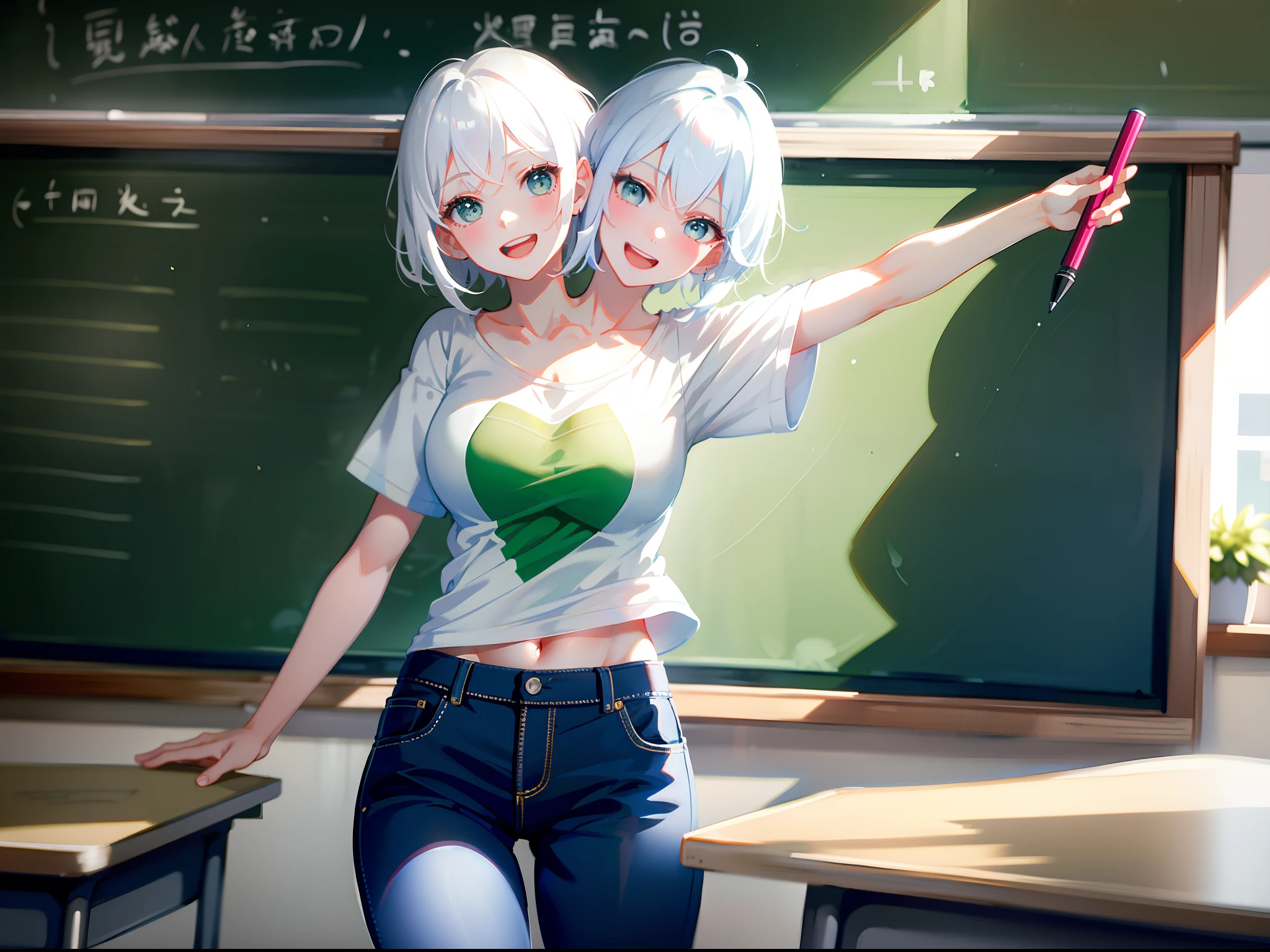 (masterpiece, best quality), best resolution, (2heads:1.5), 1girl, white hair, short hair, green eyes, happy, one mouth open, one mouth closed, branded t-shirt, blue long pants, holding a pen, standing in front of a chalkboard, classroom