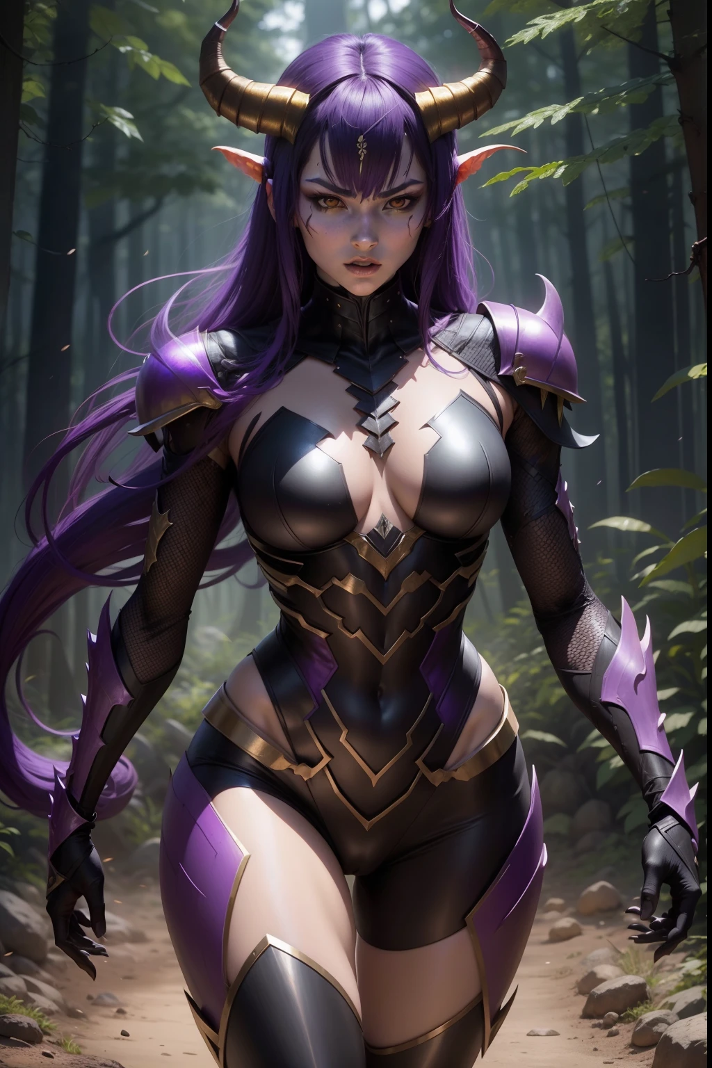 Insect humans、Scorpion Woman、mutant、kook、Horns on the head、On the chest there is a scorpion mark、skinny body、Purple body、Wearing metal armor、Forest background、full-body view、Increased exposure、