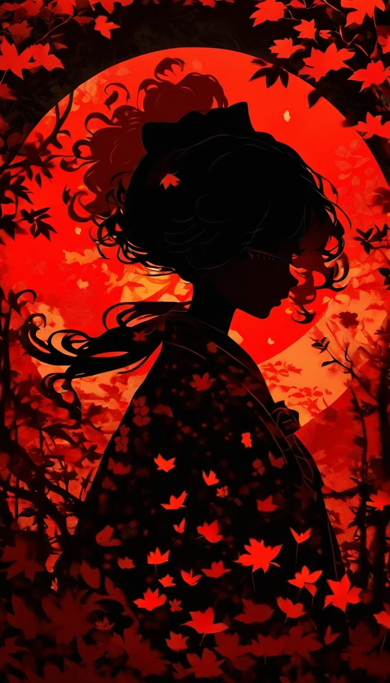 (Silhouette Art,cutouts:1.6)
(((Paper cutting art,A world where only black exists:1.3)
(Cowboy Shot),1 girl,Solo,
(Kimono Girl,profile:1.2),white, Clear and beautiful face,Black cat at feet、Full moon behind
break
(Colored leaves、amarelo Red:3.1)
Textured glass background,